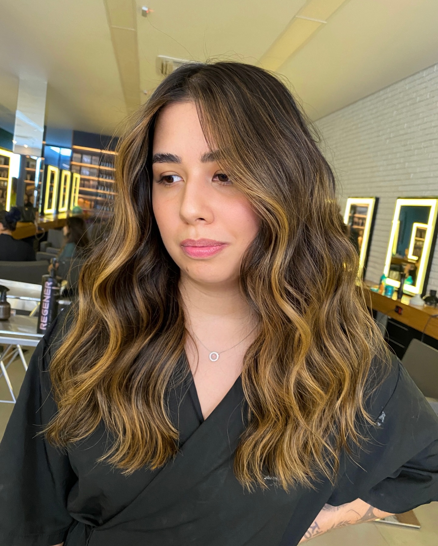Warm Caramel-Infused Long Waves with Soft Curtain Lights