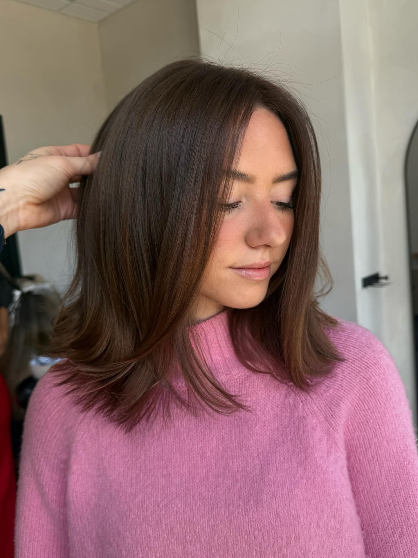 Warm Chestnut Shoulder-Length Lob with Blown-Out Flicks
