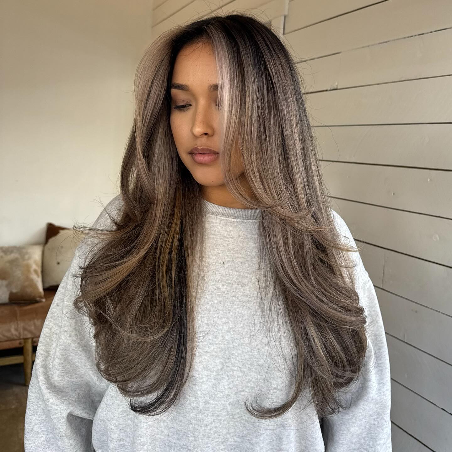 Ashy Bronde Long Layers with Cool Money-Piece Face Frame