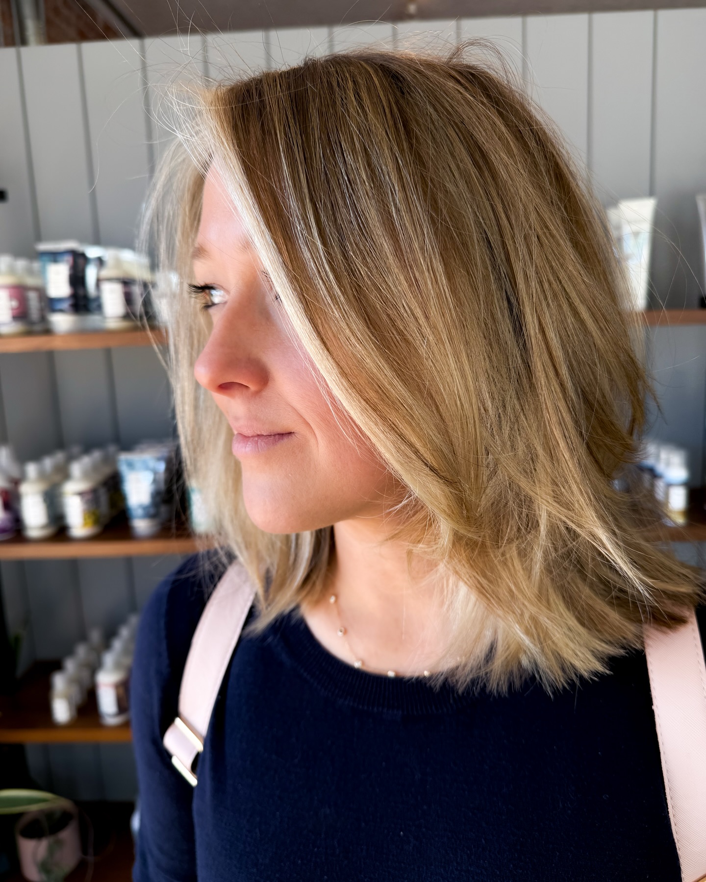 Beige Blonde Layered Lob with Platinum Face-Framing Money Piece