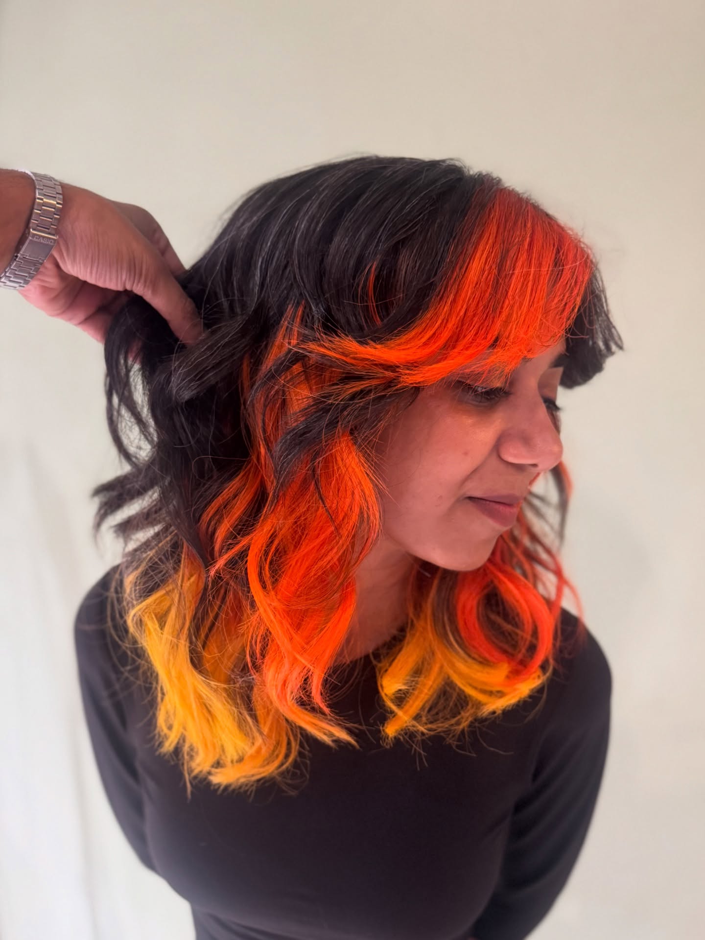 Black Lob with Fiery Orange-to-Yellow Face-Framing Panels