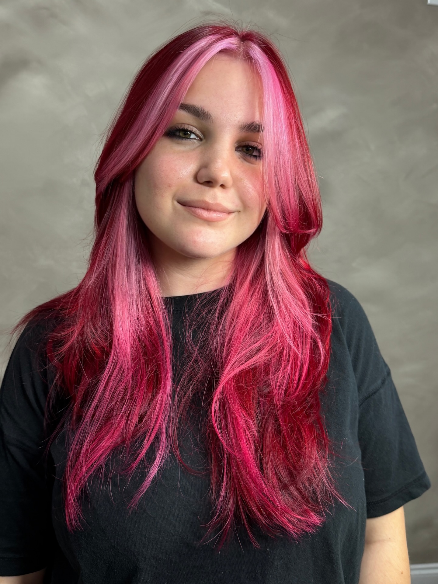Bright Rose-Pink Long Layers with Face-Framing Money Piece