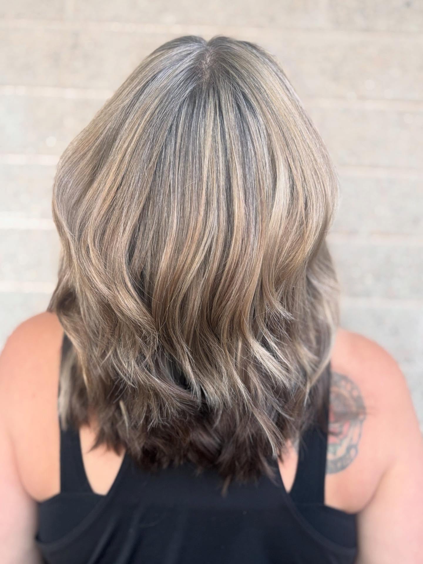 Bronde Grey Blend with Feathered Shoulder-Length Layers