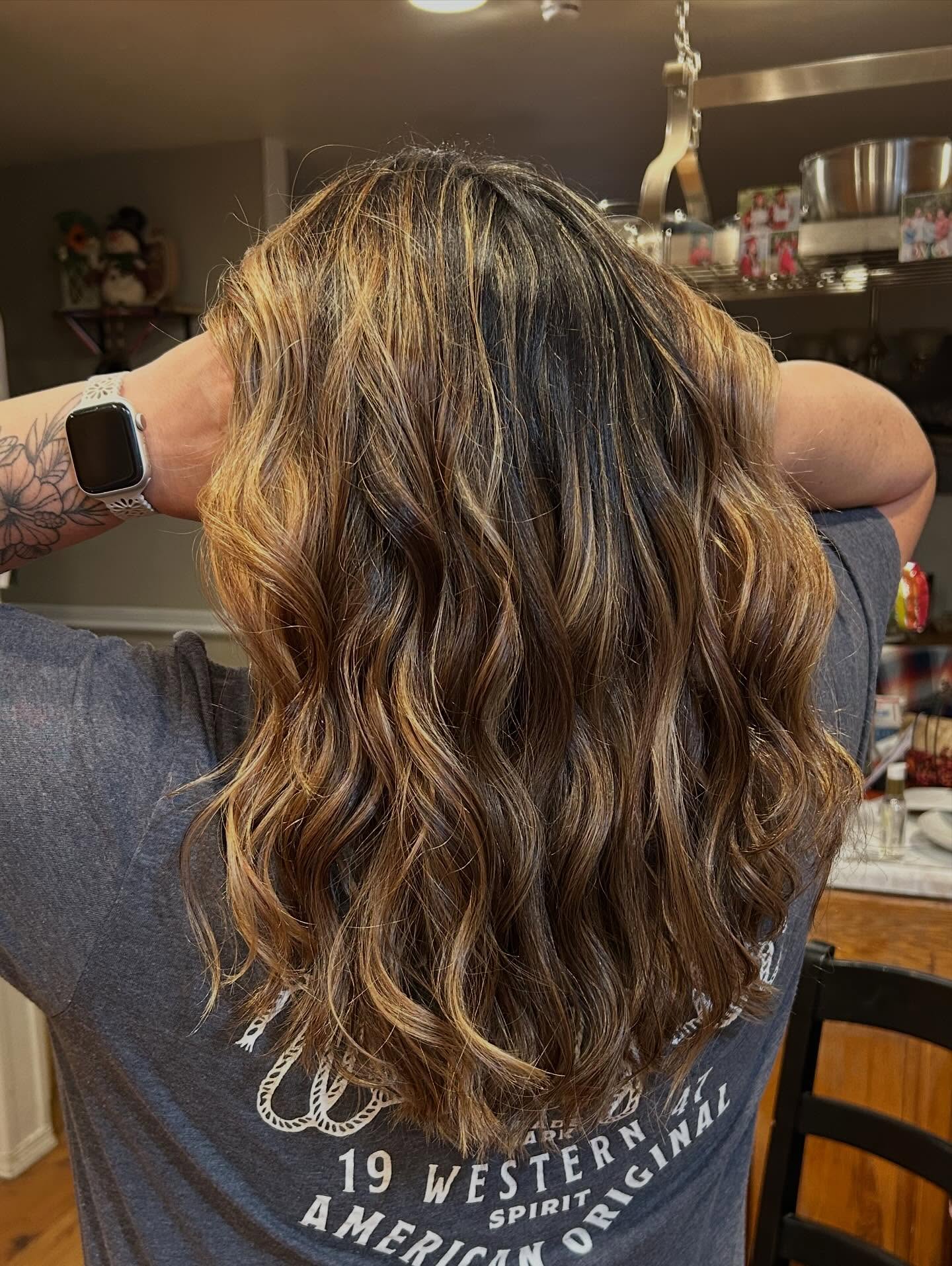 Caramel Balayage with Soft Grey Root Smudge and Long Waves