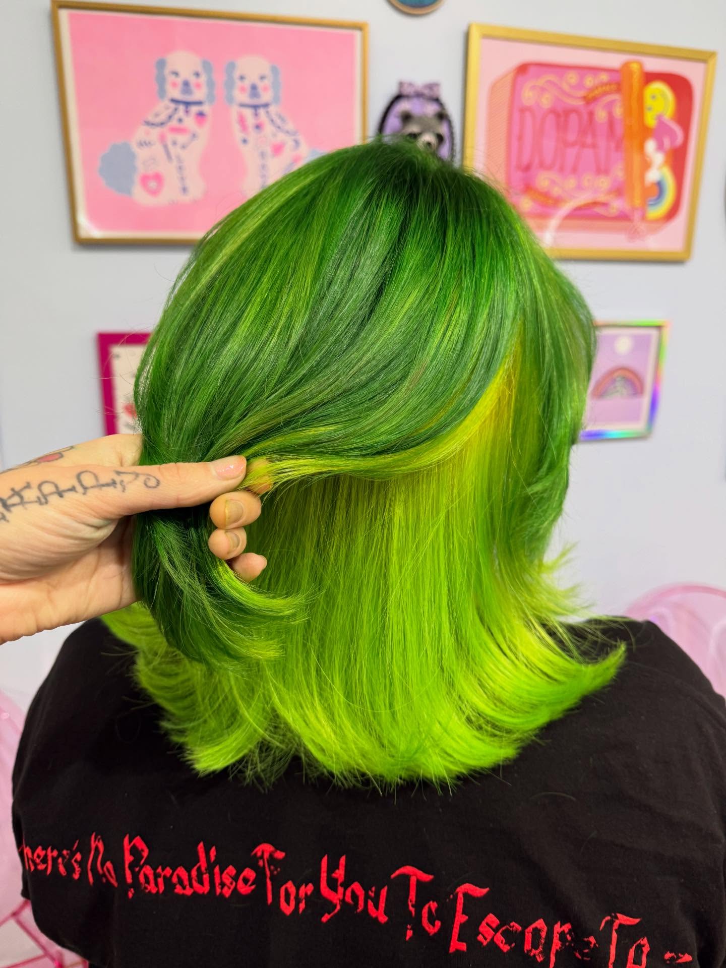 Chartreuse Layered Shoulder-Length Lob with Neon Peekaboo Underlayer