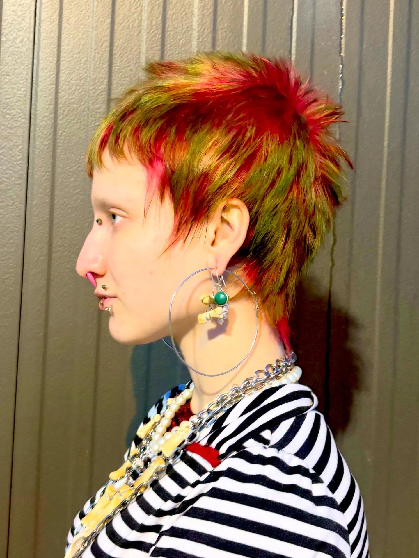 Choppy Textured Pixie with Red and Olive Color-Blocked Pieces
