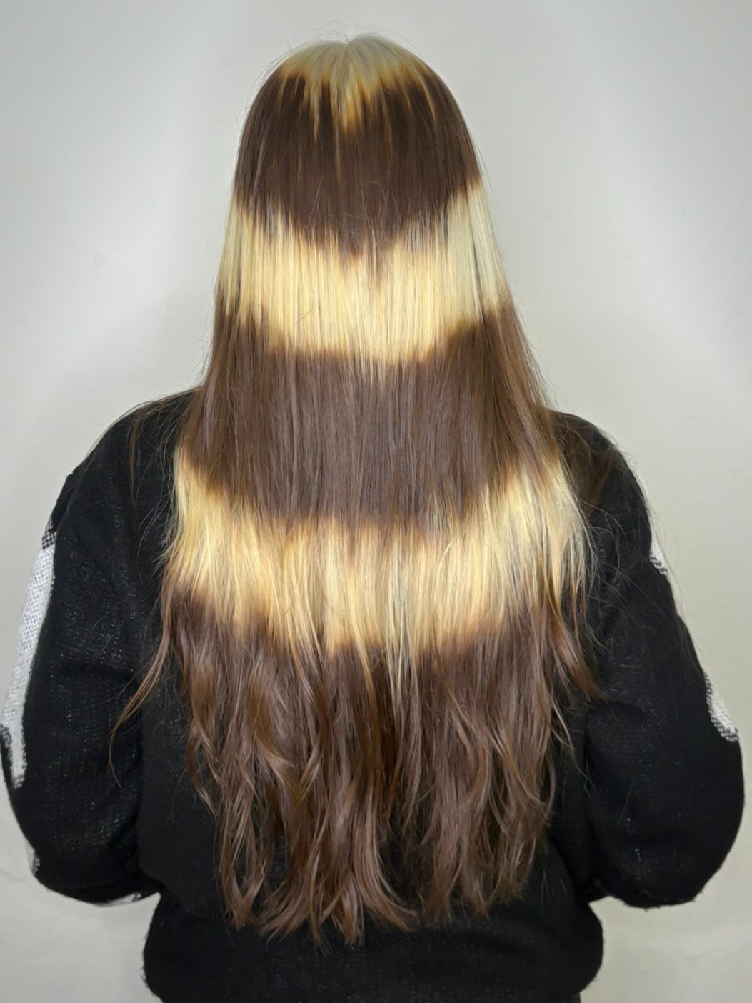 Chunky Horizontal Blonde Banding on Long Brown Hair
