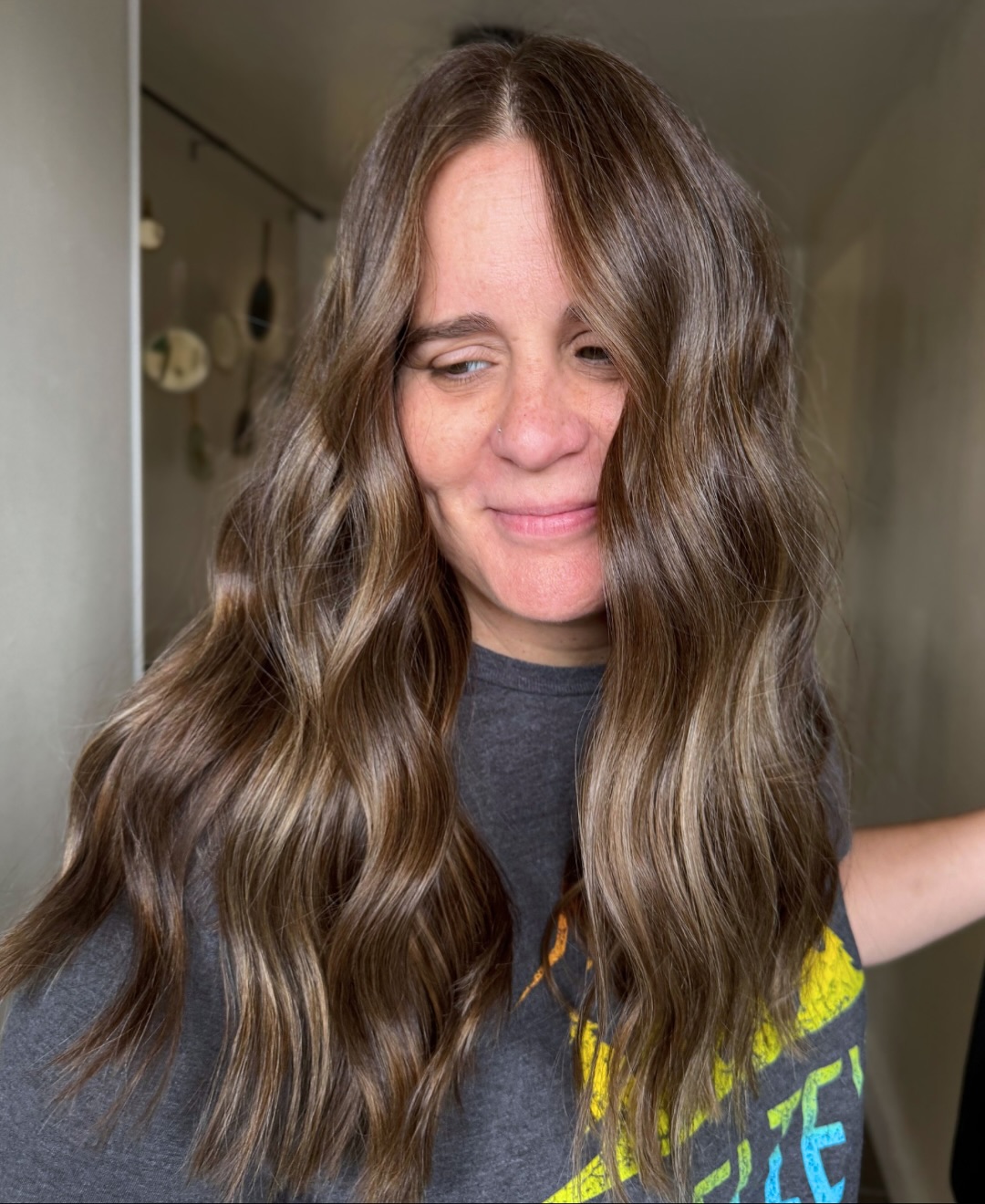 Creamy Ash-Brunette Long Waves with Subtle Silver Threads