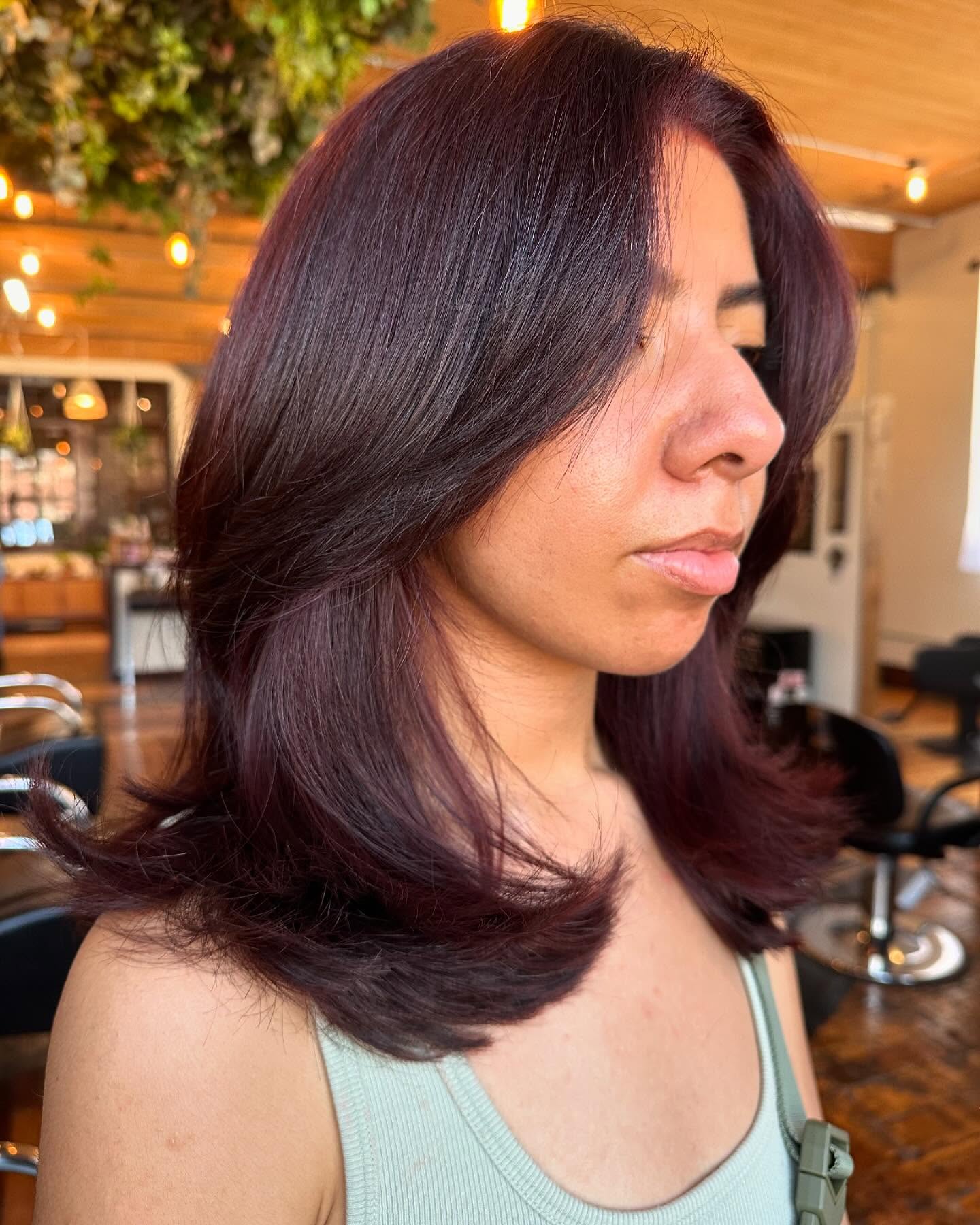Deep Plum Face-Framing Layers with Feathered Flip