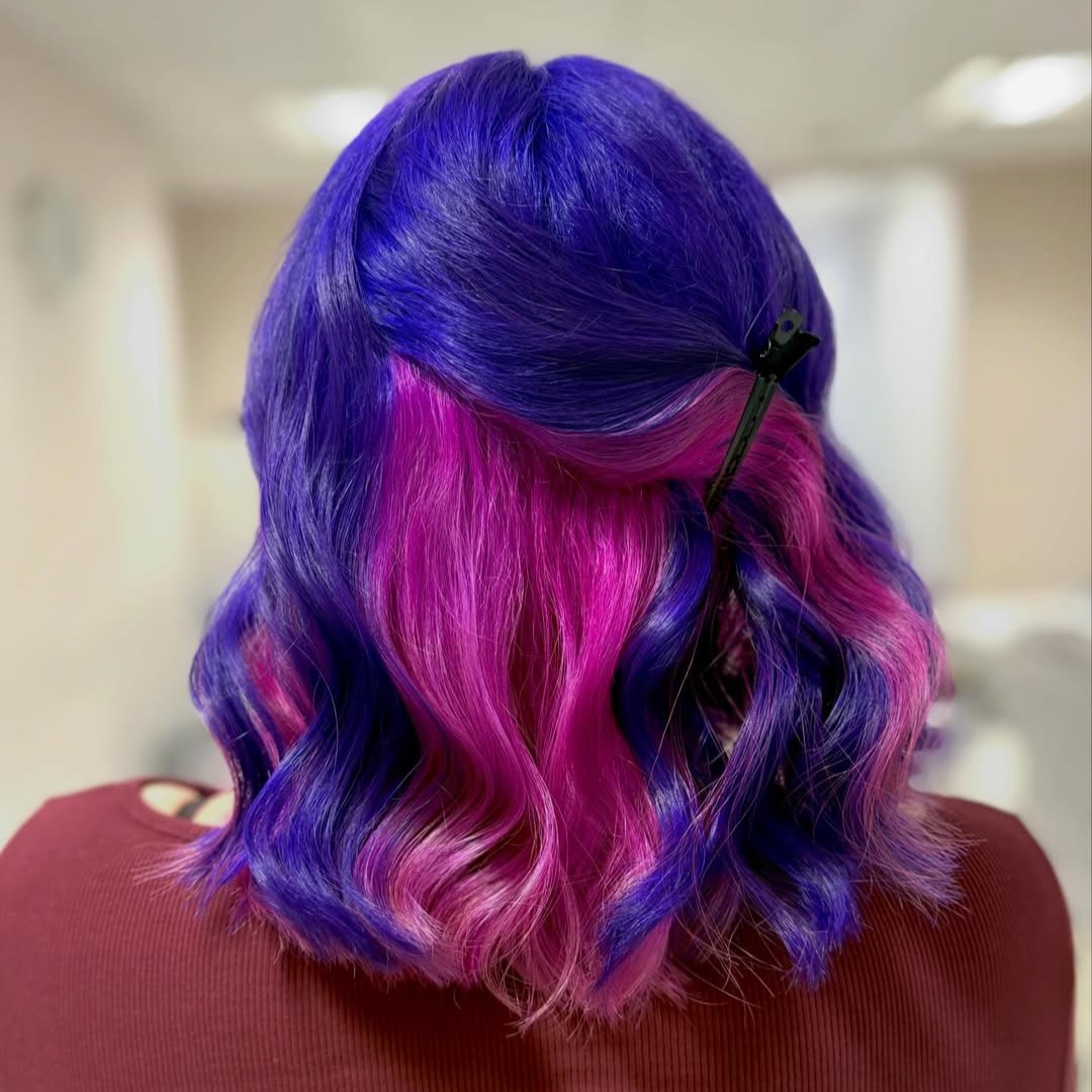 Electric Indigo Shoulder-Length Lob with Magenta Peekaboo Crescent