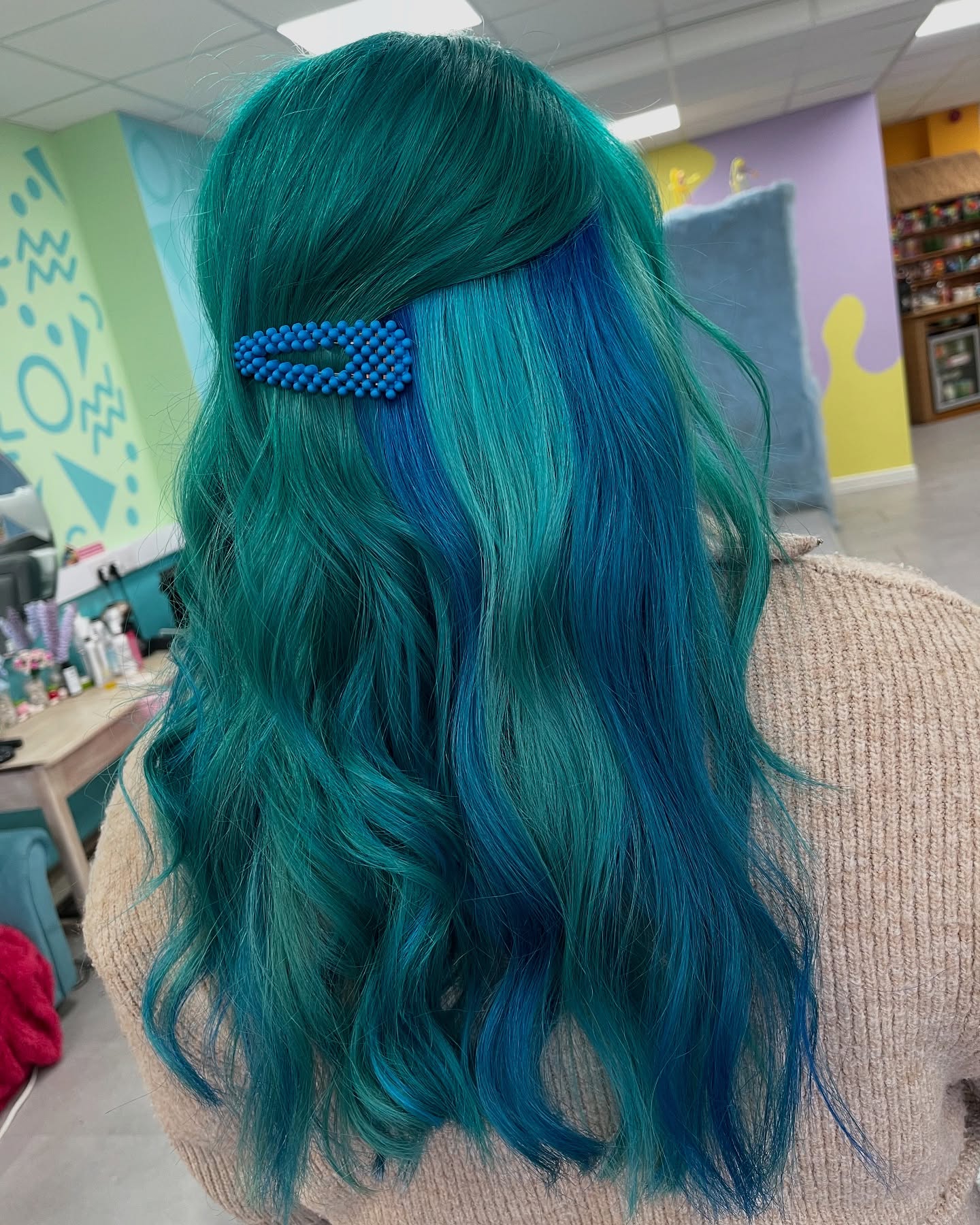 Emerald Teal Long Waves with Electric Blue Peekaboo Panel