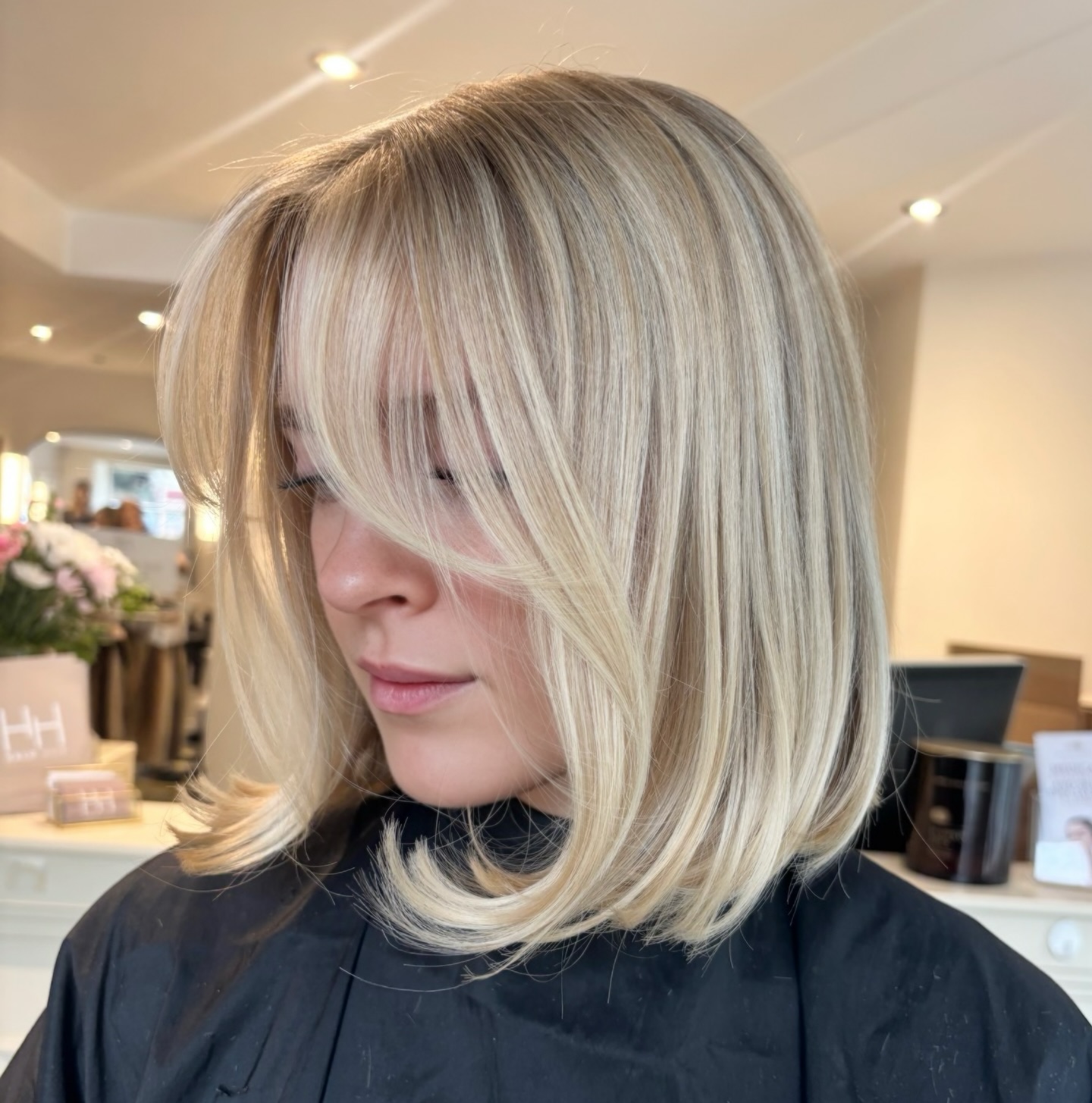 Feathered Shoulder-Length Lob with Curtain Fringe and Root Melt