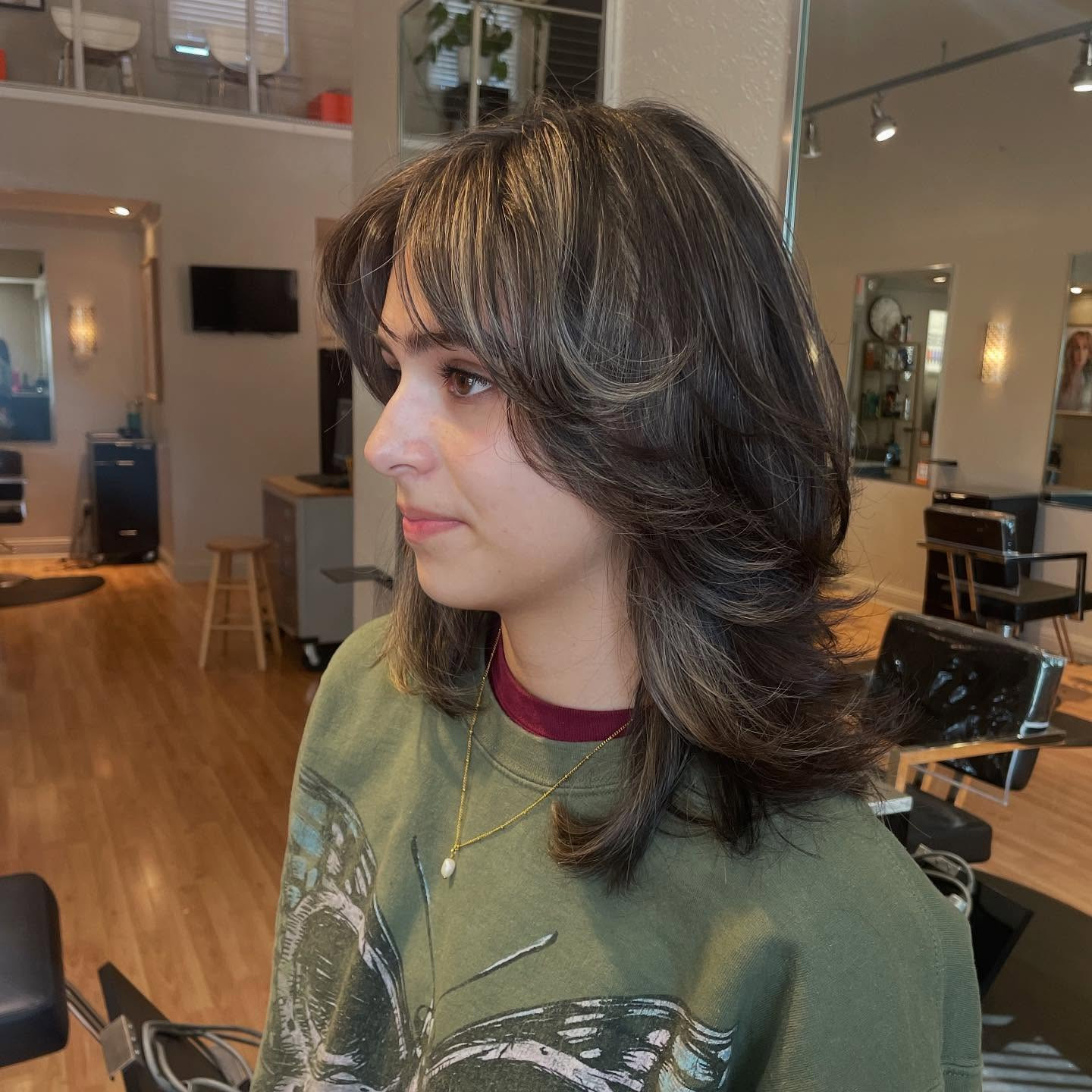 Feathered Shoulder-Length Shag with Ash Face-Framing Balayage