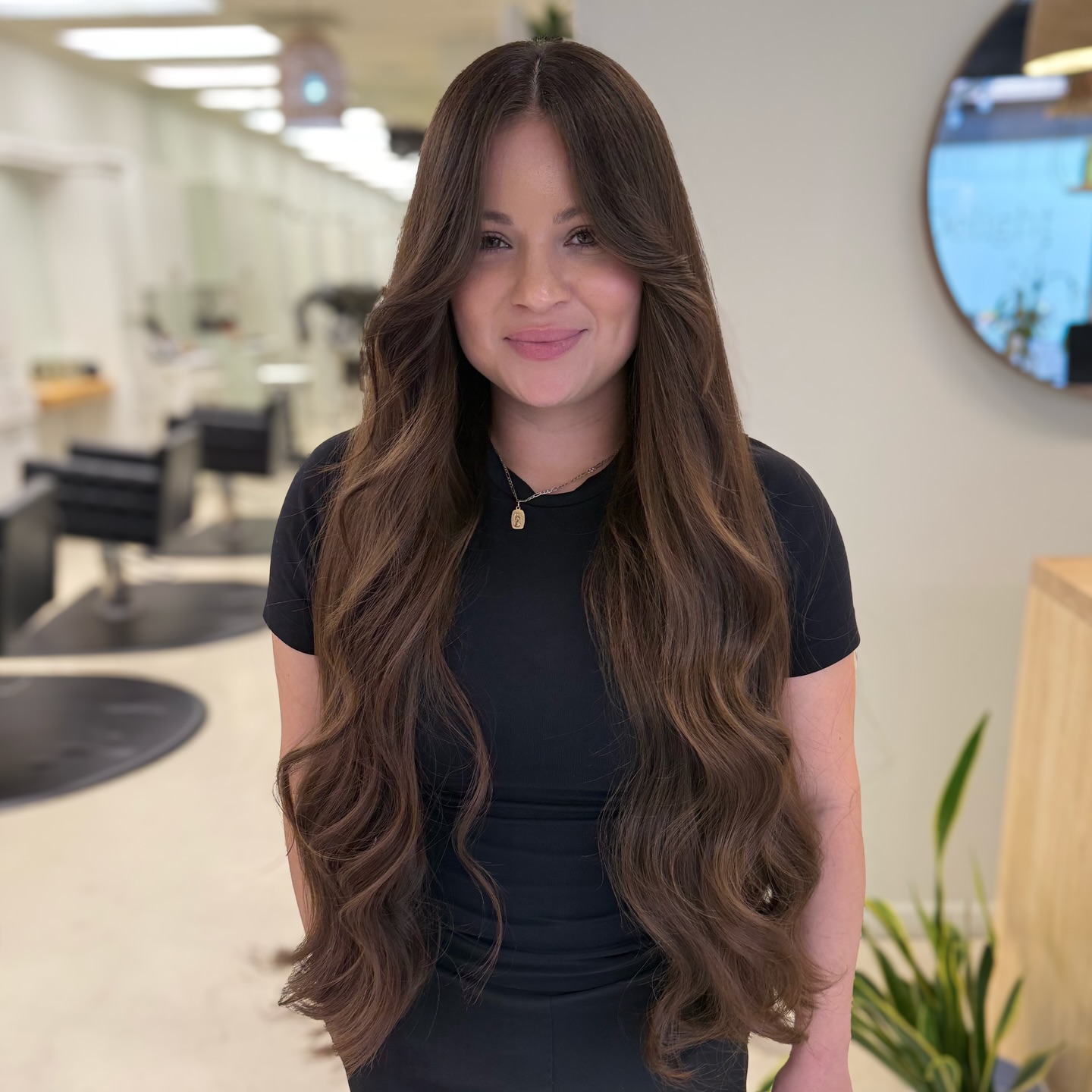 Long Flowing Layered Cut with Curtain Face-Frame and Chestnut Balayage