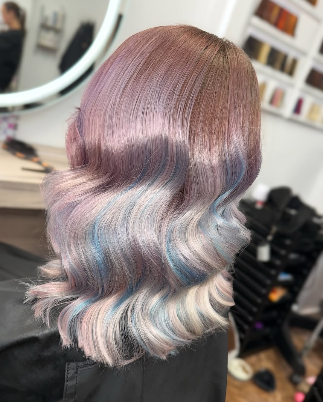 Pastel Rose-Ash Lob with Icy Blue Peekaboo Waves