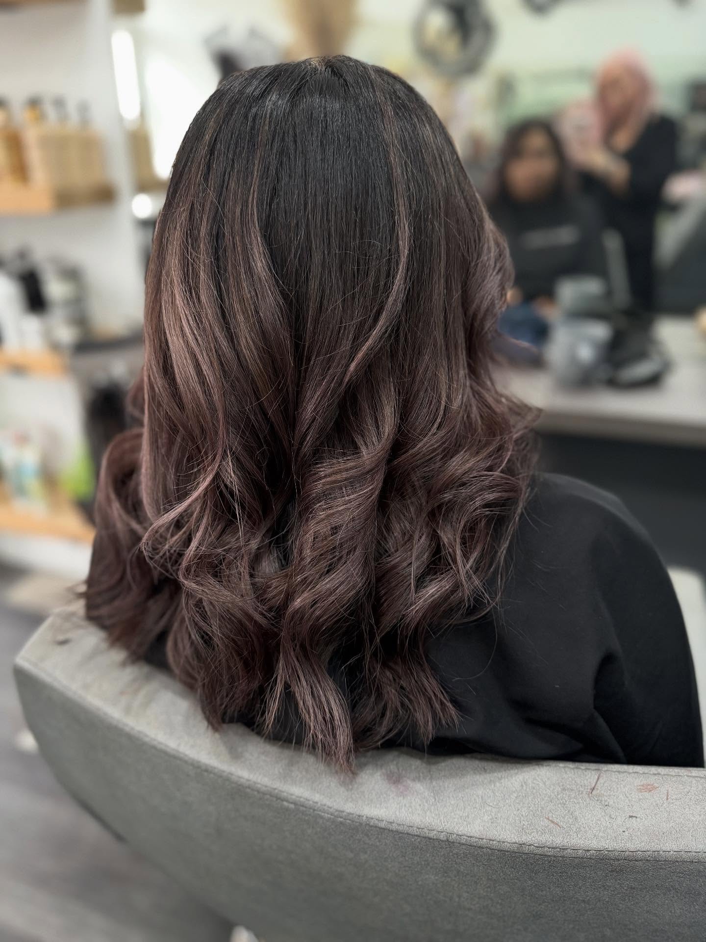 Plum-Ash Rooted Brunette with Long Soft Layers