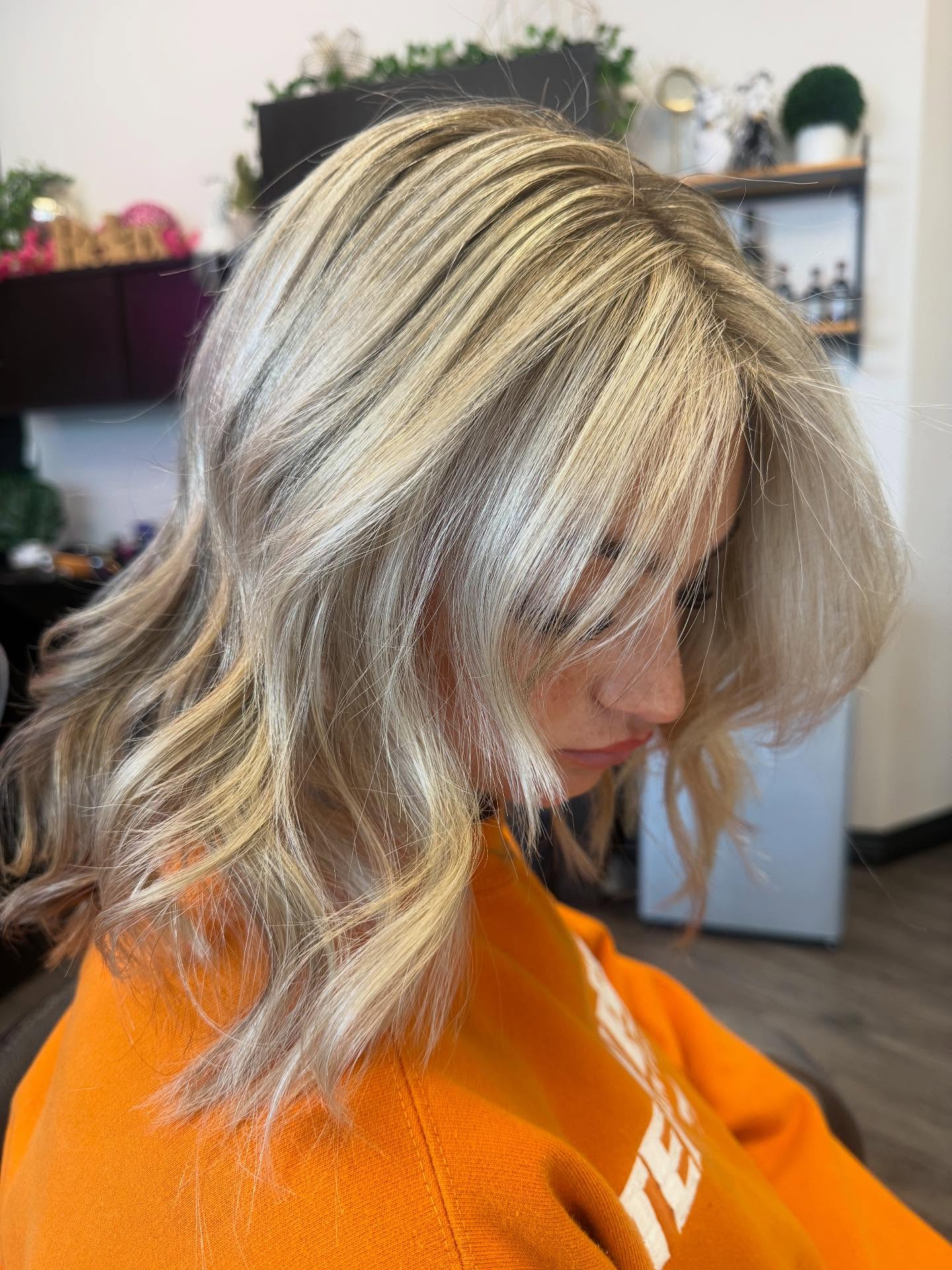 Root-Smoked Platinum Textured Long Bob with Feathered Fringe