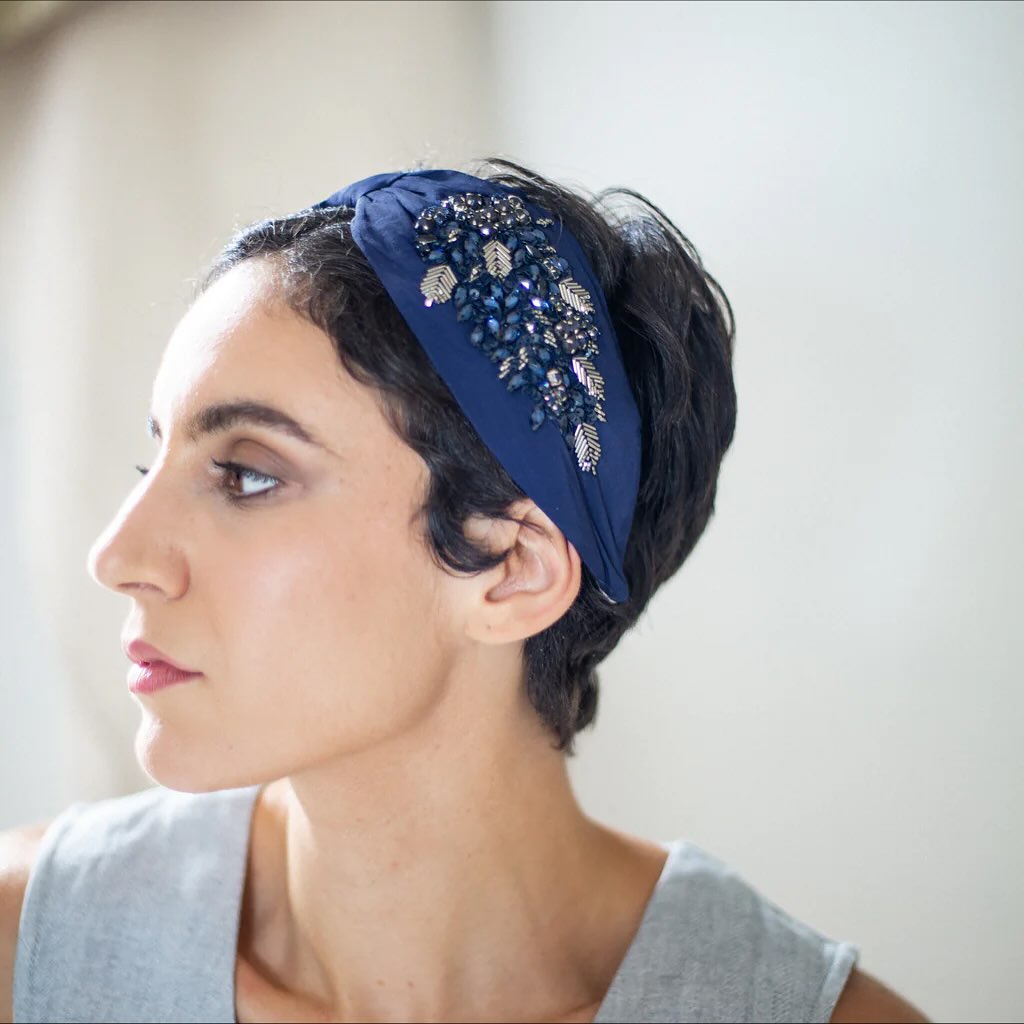 Sculpted Textured Pixie with Embellished Navy Headband
