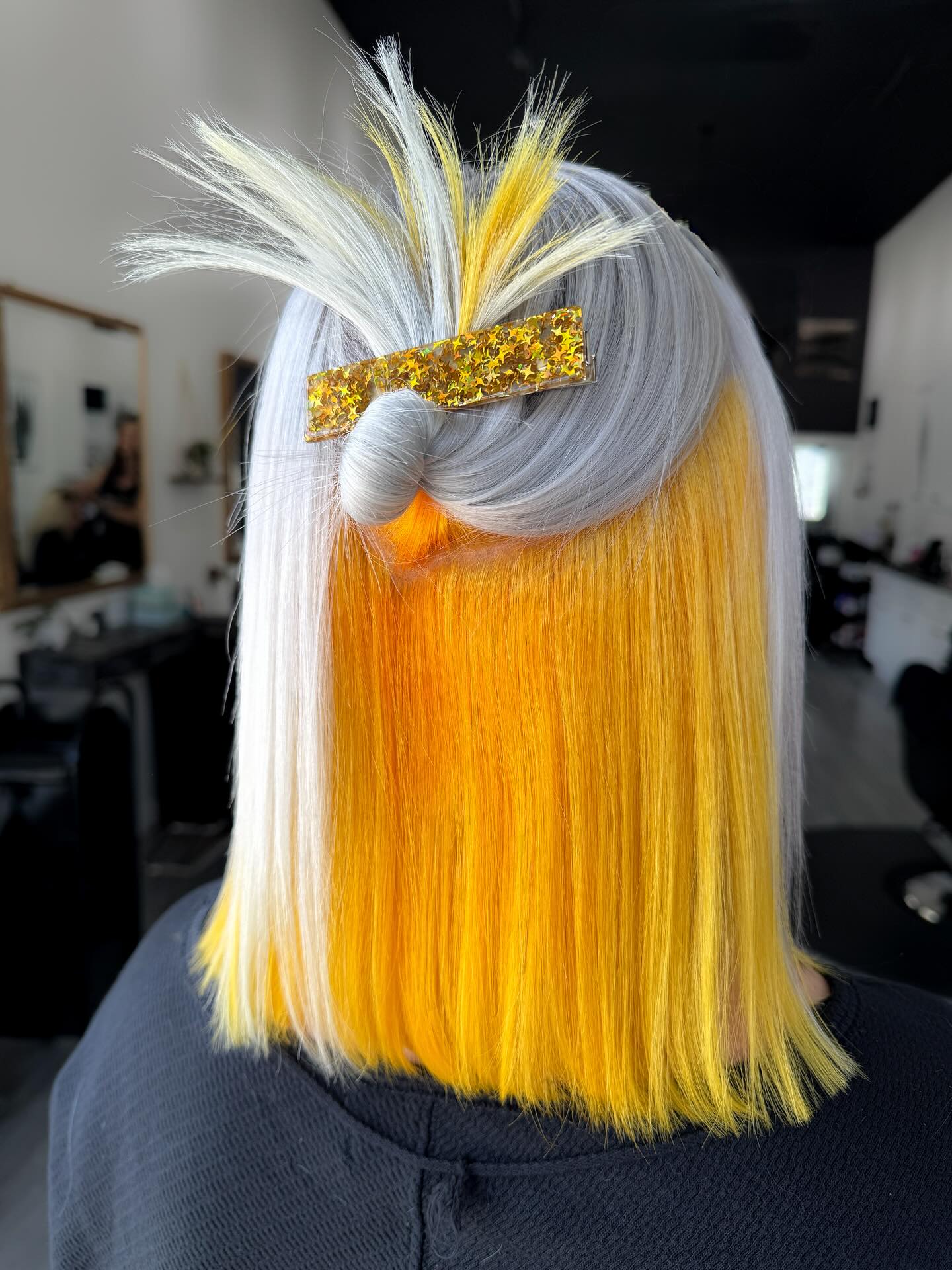 Silver Top Blunt Lob with Vibrant Yellow Peekaboo Underlayer