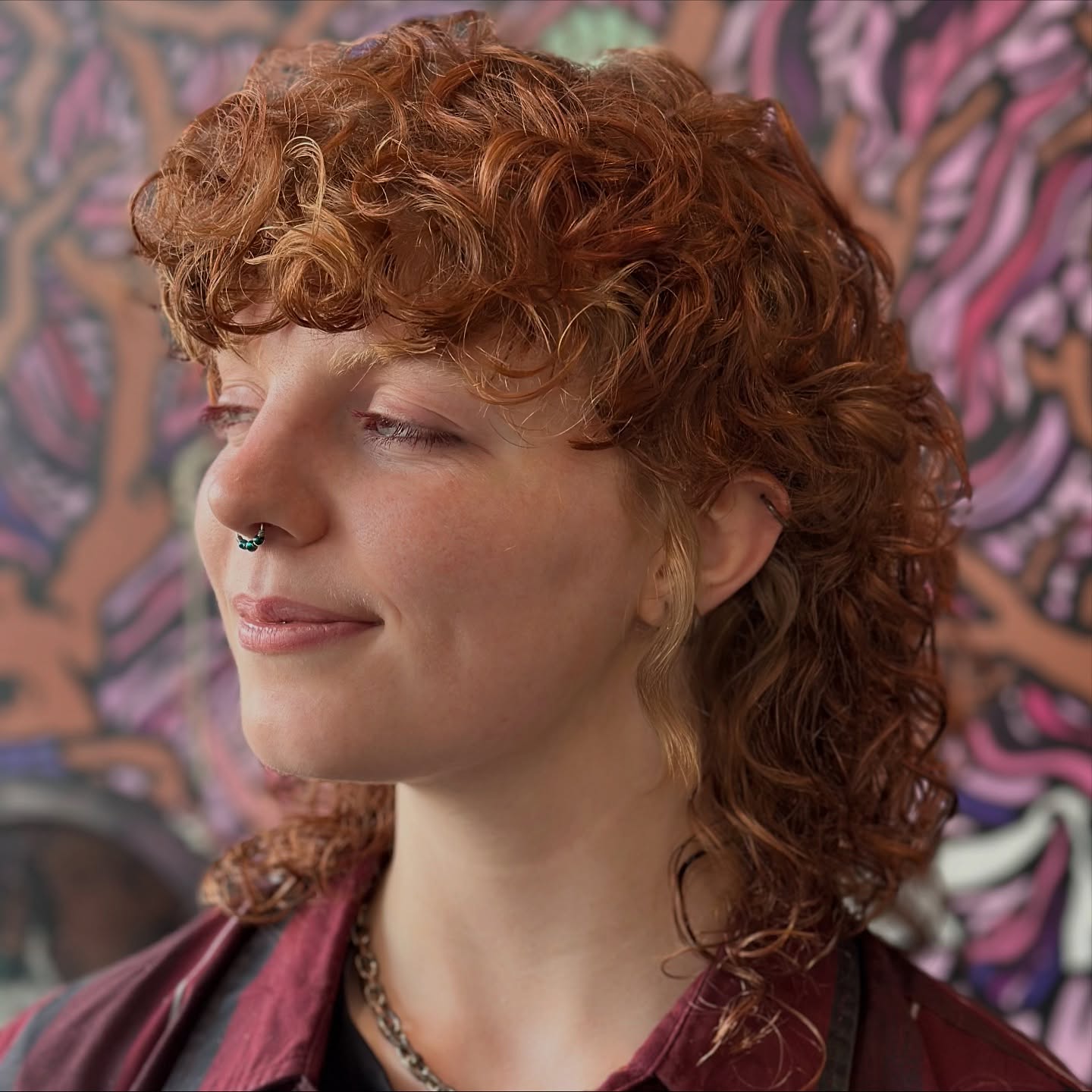 Textured Copper Curly Shag with Short Curled Fringe and Light Face-Frame