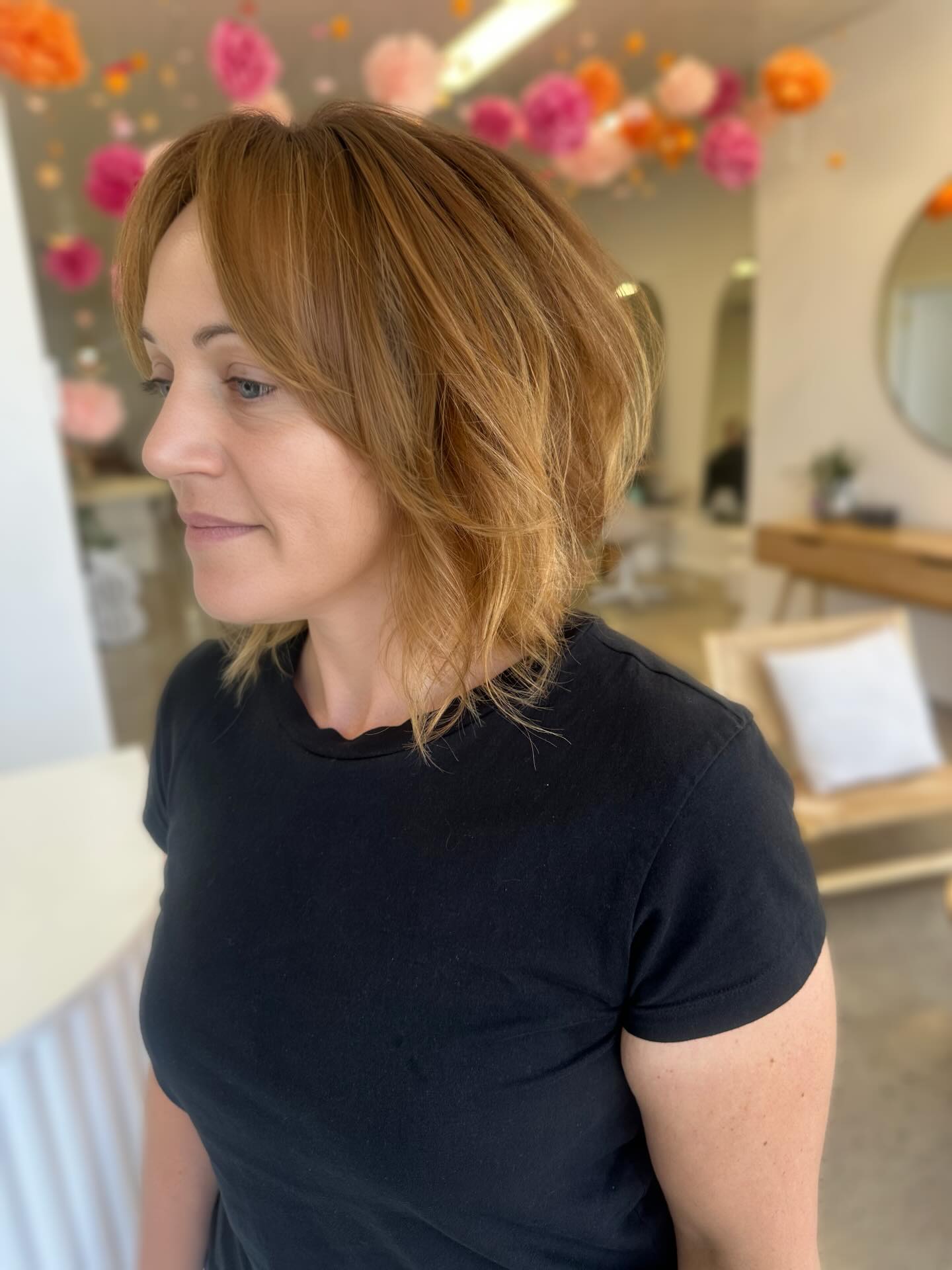 Warm Caramel Angled Lob with Soft Pivoted Layers