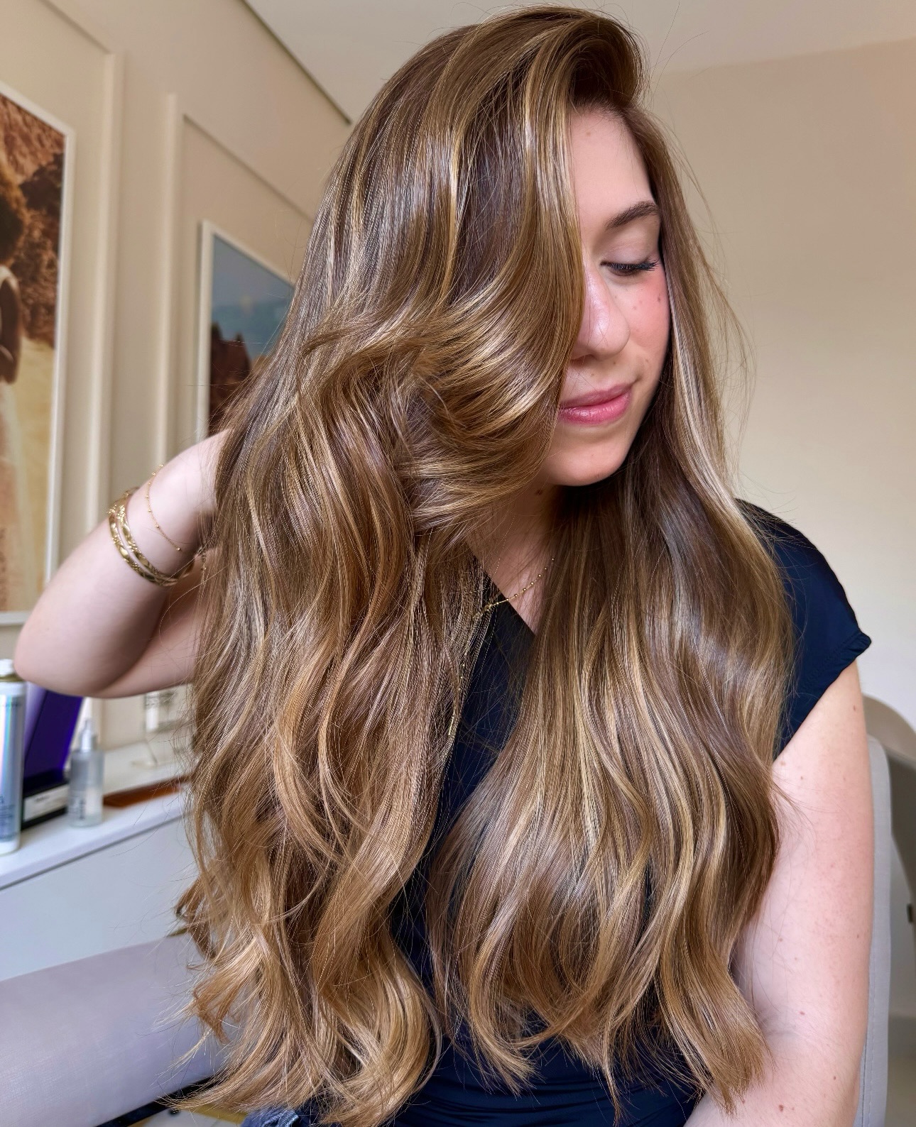 Warm Caramel Balayage Long Waves with Deep Side Sweep