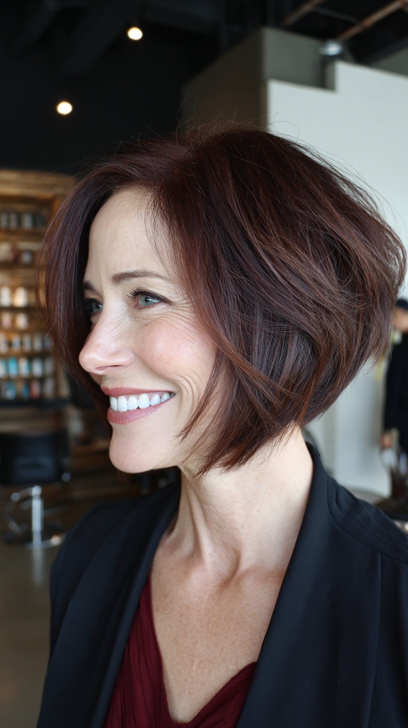 Angled Auburn Stacked Bob with Lifted Crown and Face-Framing Micro-Layers