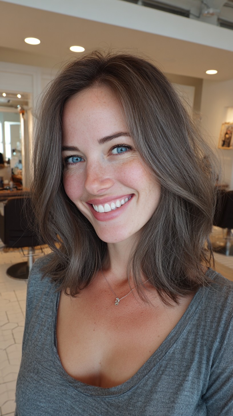 Ash-Bronze Textured Shoulder-Length Lob with Pivot Face-Framing Layers