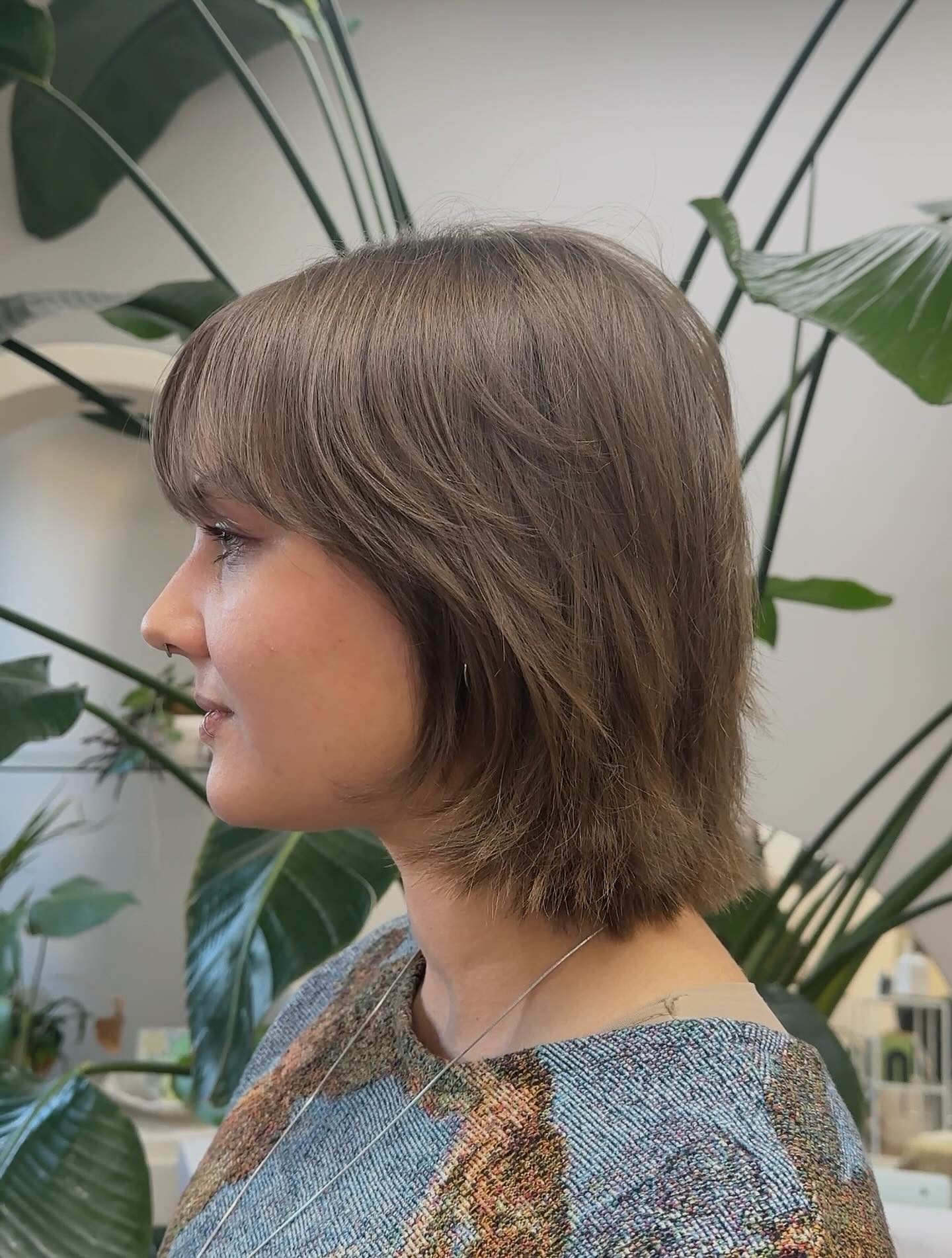 Ash Brown Feathered Shoulder-Grazing Lob with Soft Blunt Bangs