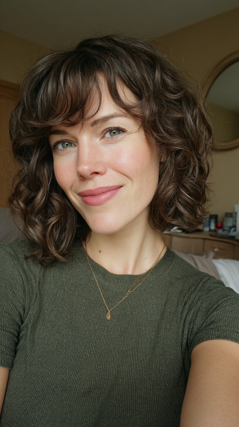 Bouncy Jaw-Length Curly Bob with Piecey Micro-Fringe