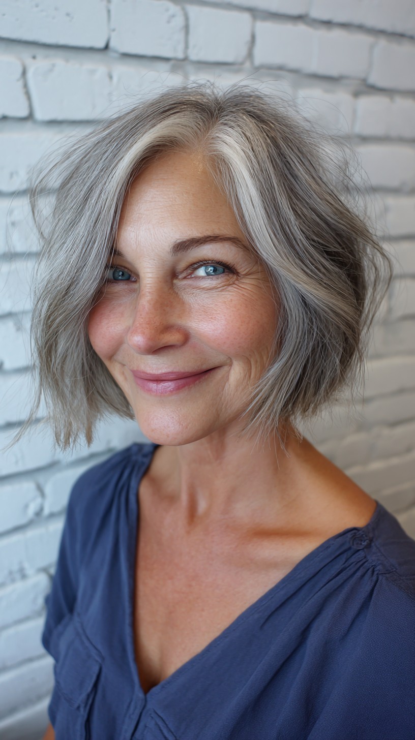 Bright Face-Framing Silver Streak Textured Chin Bob