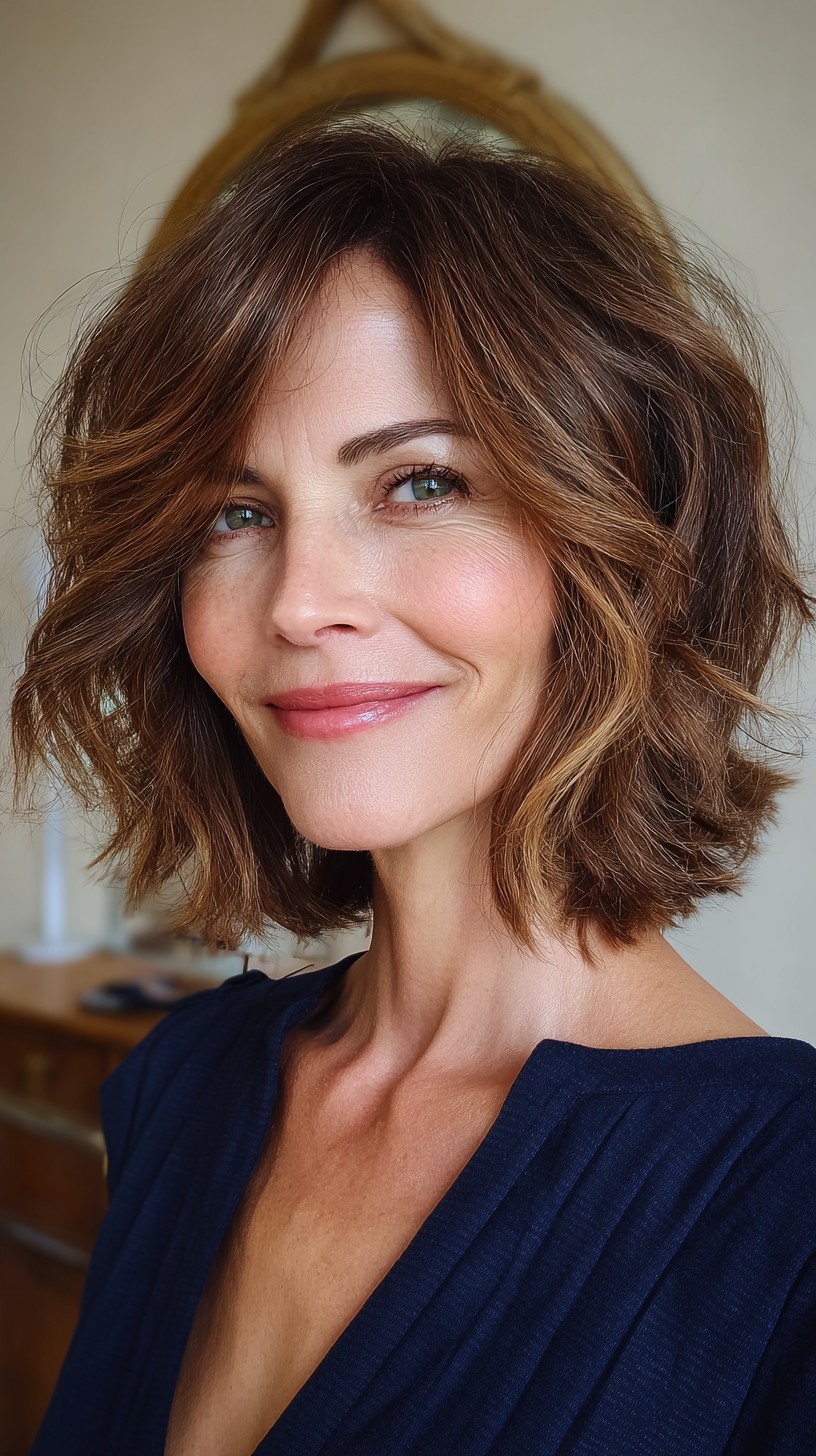 Brunette Textured Collarbone Lob with Soft Babylights