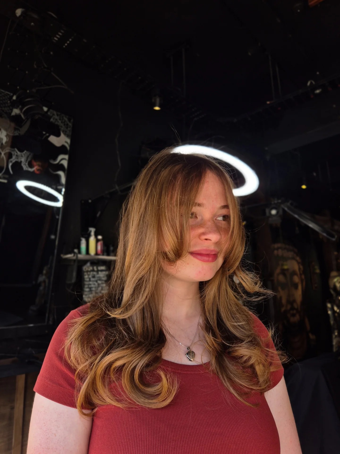 Caramel Curtain-Bangs with Long Rolled Layers