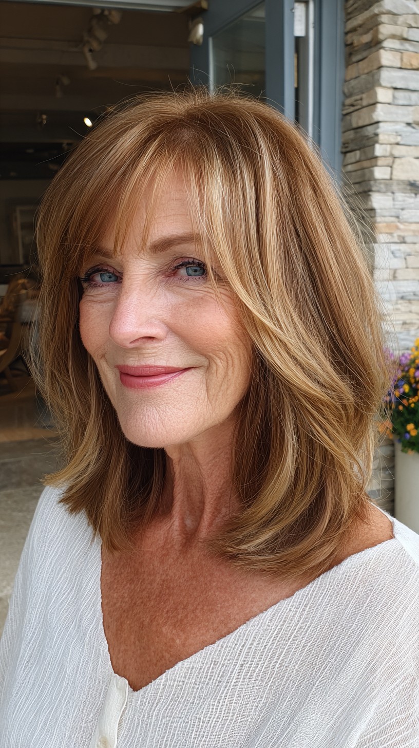 Caramel Face-Framing Shoulder-Length Lob with Soft Curtain Bangs