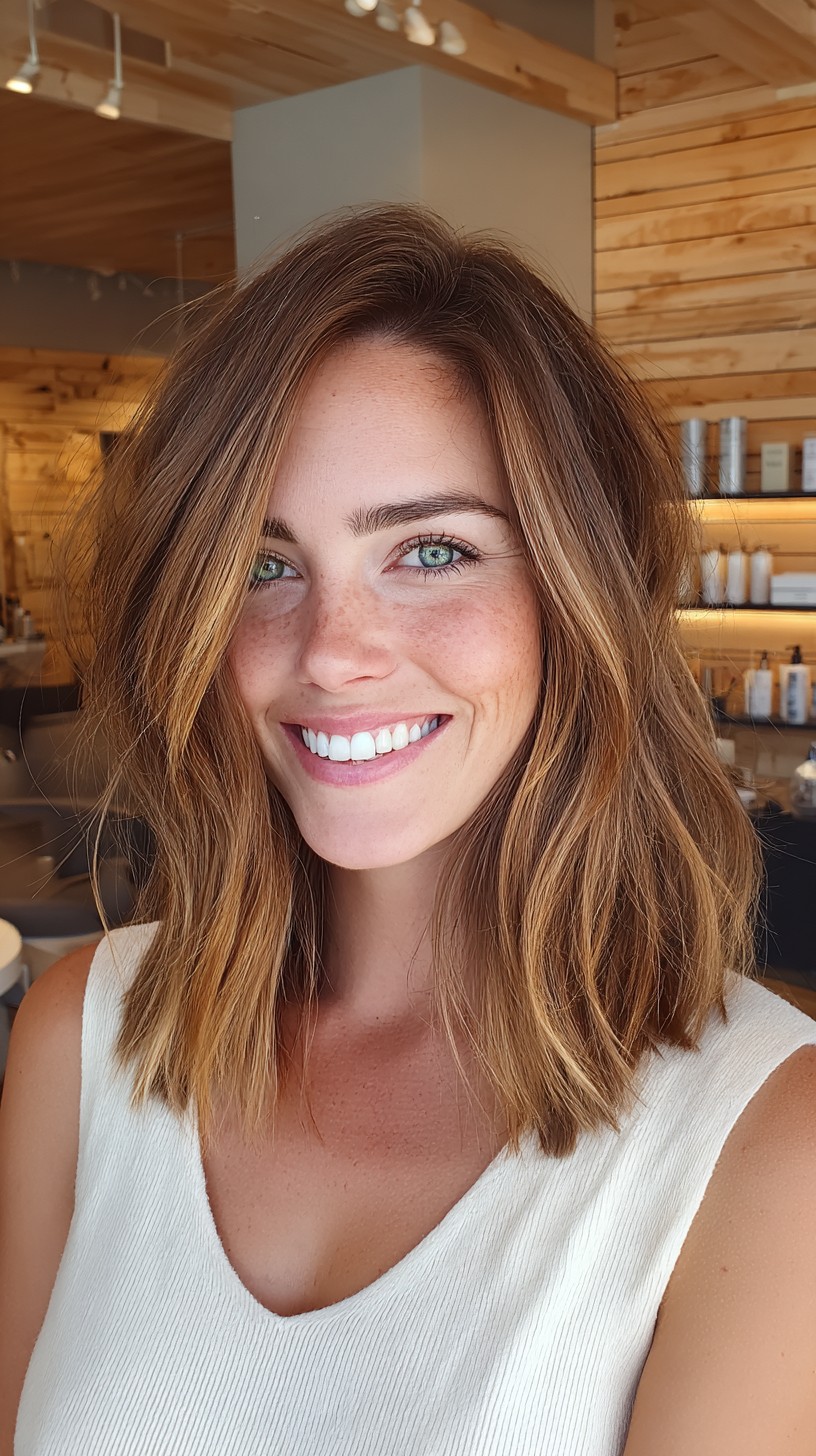 Caramel Rooted Textured Long Bob with Deep Side Part