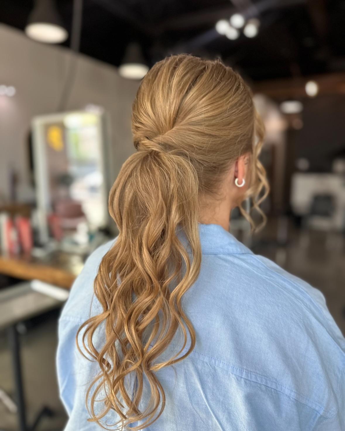 Champagne Caramel Wrapped Mid Ponytail with Soft S-Waves