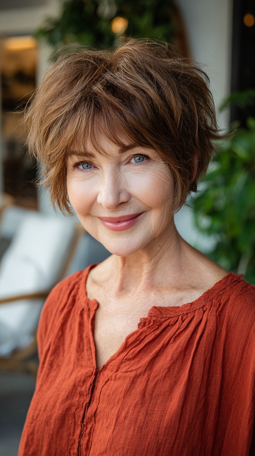 Chic Chestnut Layered Pixie-Bob with Feathered Micro-Bangs