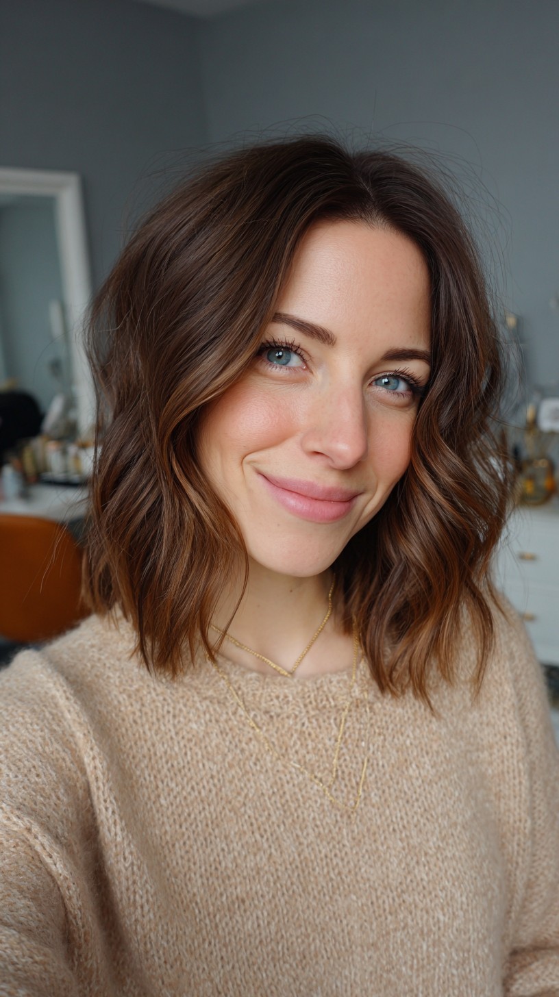 Chestnut Textured Lob with Center Curtain and Razored Ends