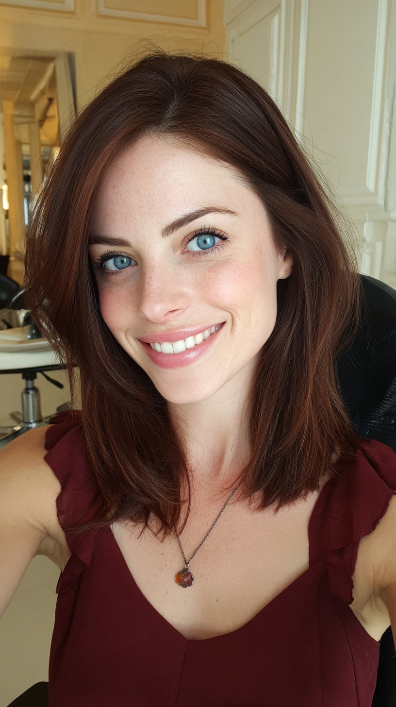 Chestnut Textured Mid-Length Lob with Soft Face-Framing