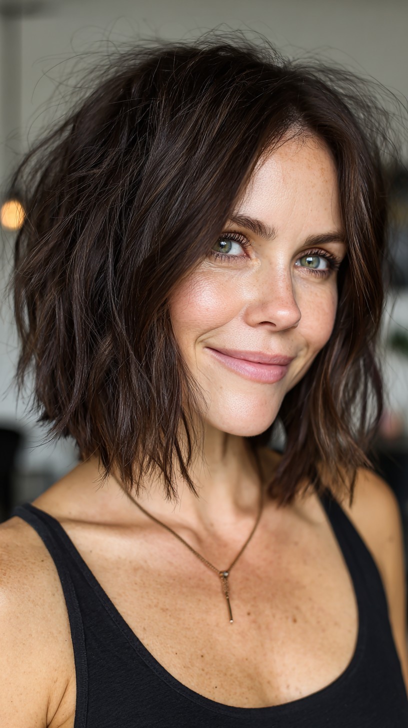 Choppy Clavicle-Length Textured Bob with Soft Center Part