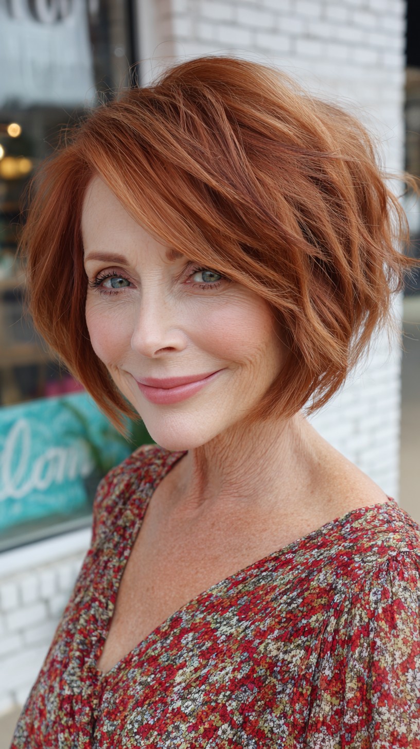 Copper Shingled Chin-Length Bob with Side-Swept Fringe
