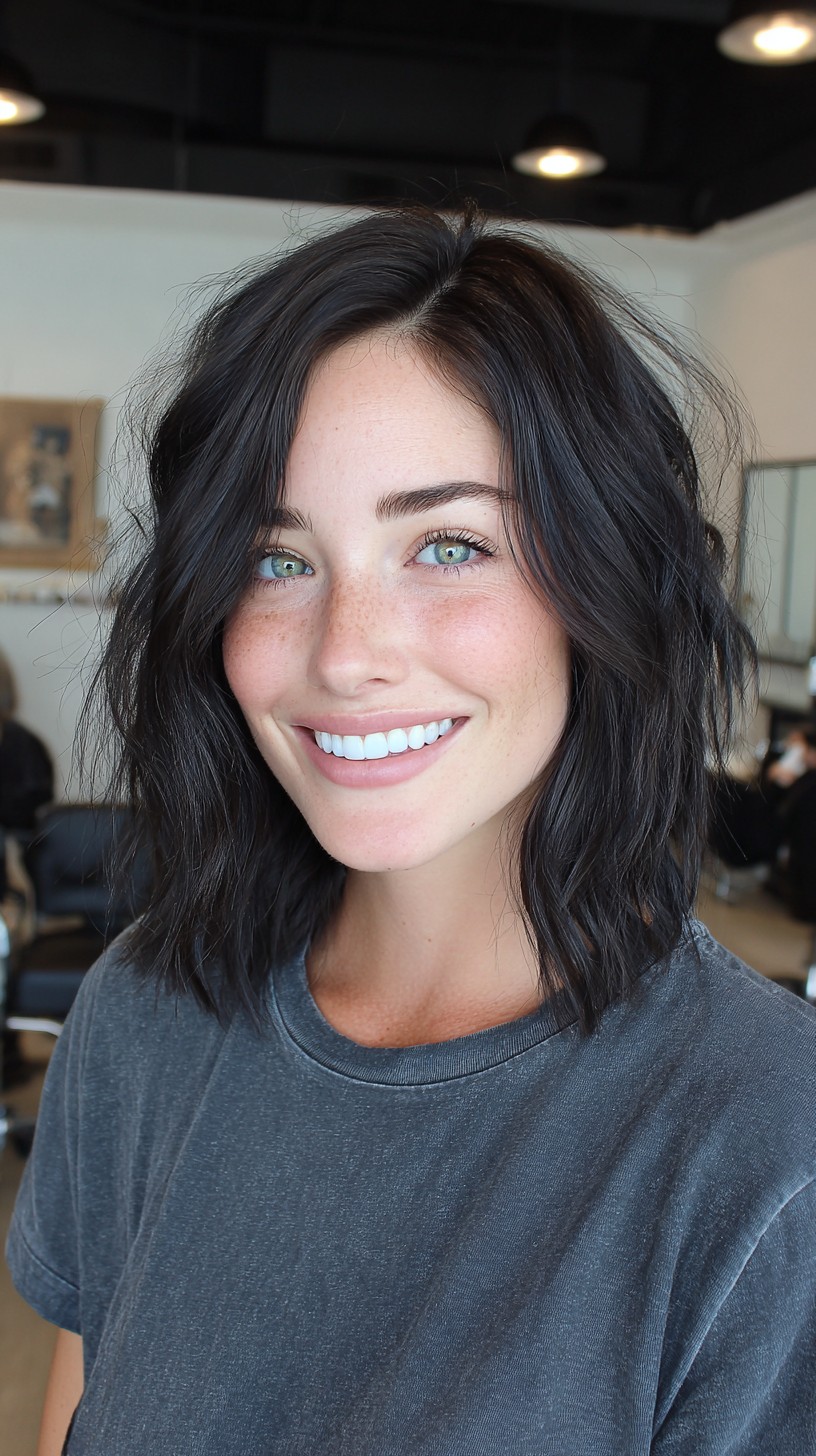 Deep Chocolate Wavy Lob with Blunt Mid-Length Finish