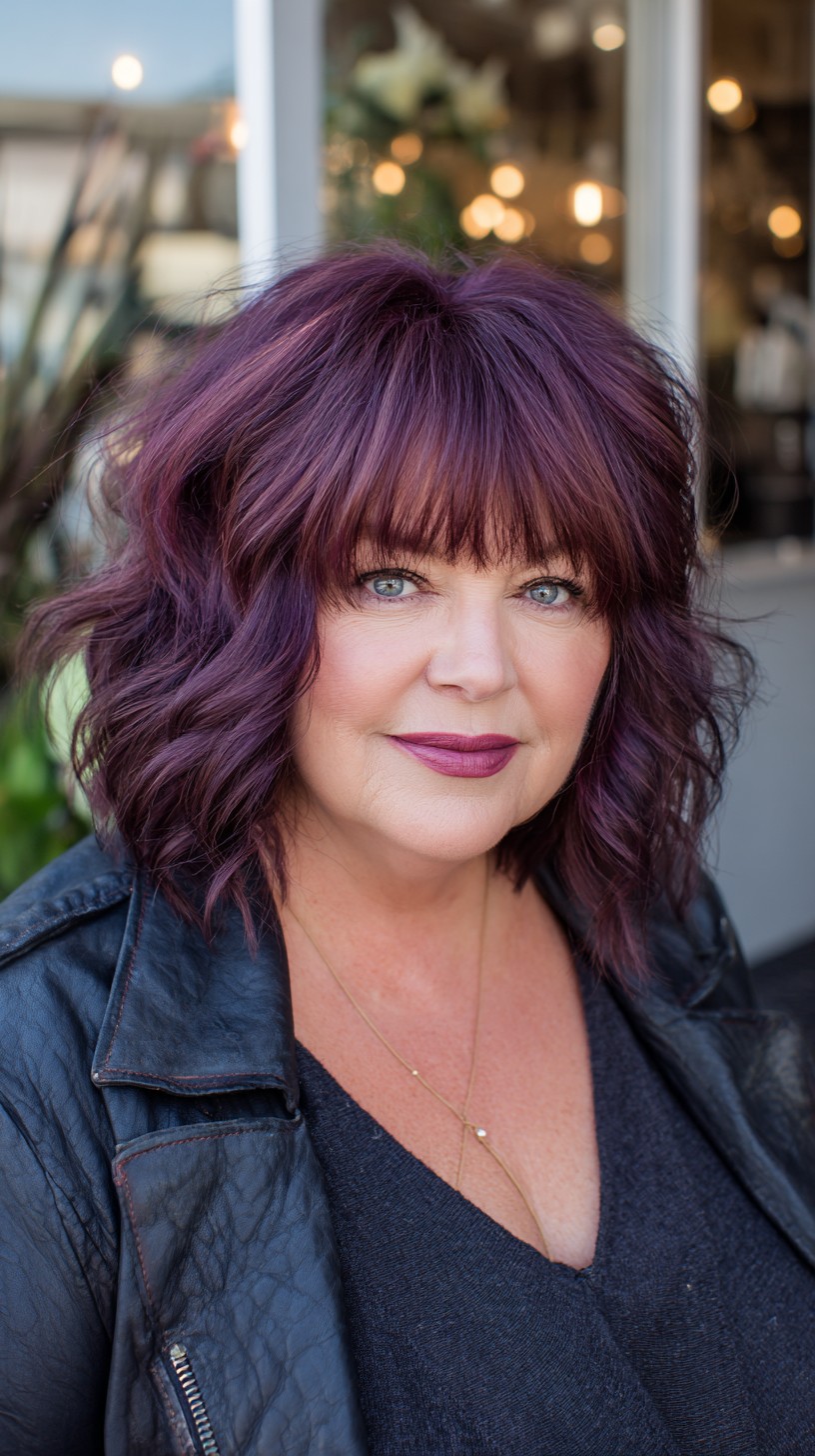 Deep Plum Textured Shoulder-Length Shag with Soft Blunt Fringe