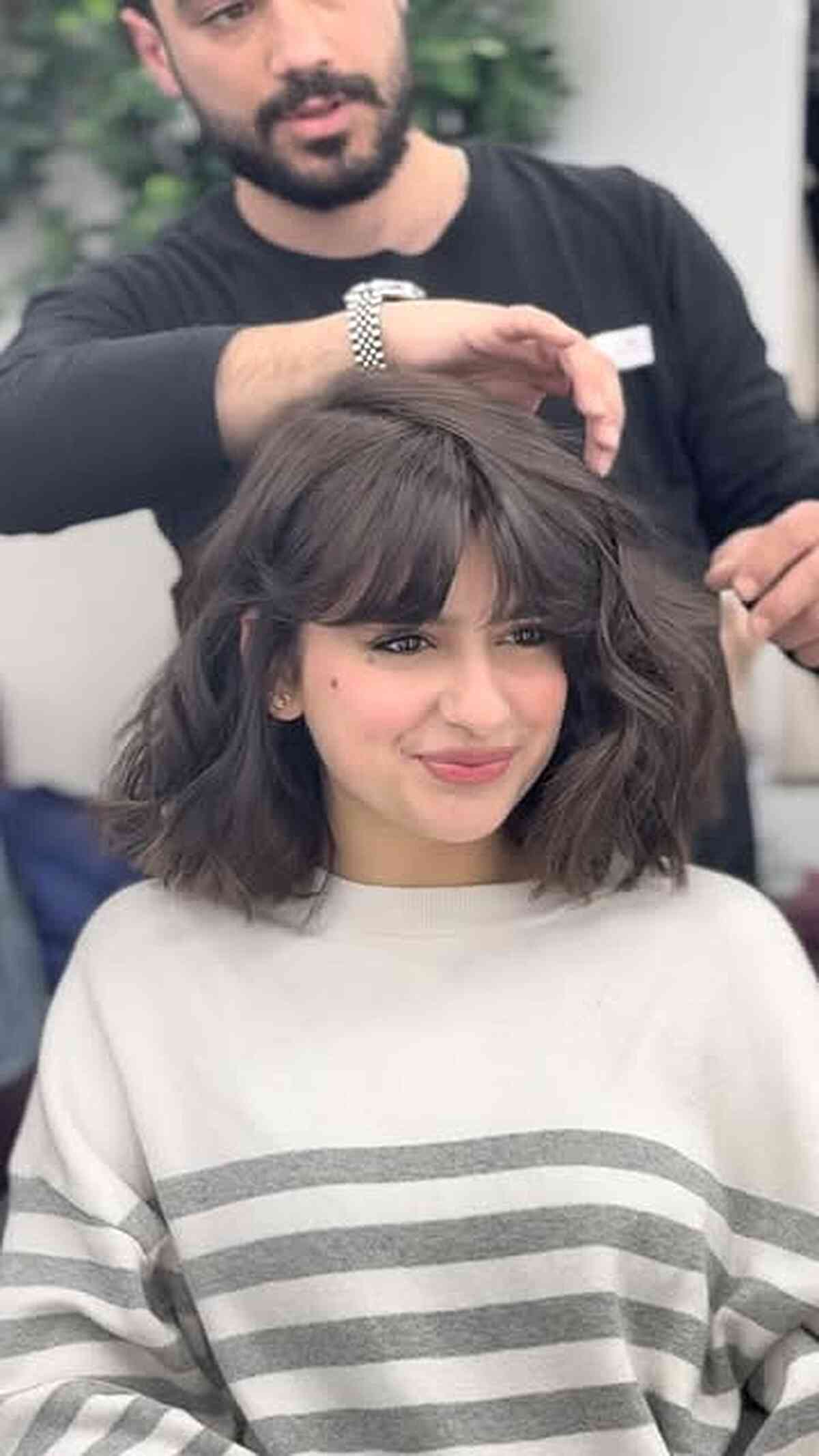 Espresso Wavy Bob with Wispy Curtain Bangs