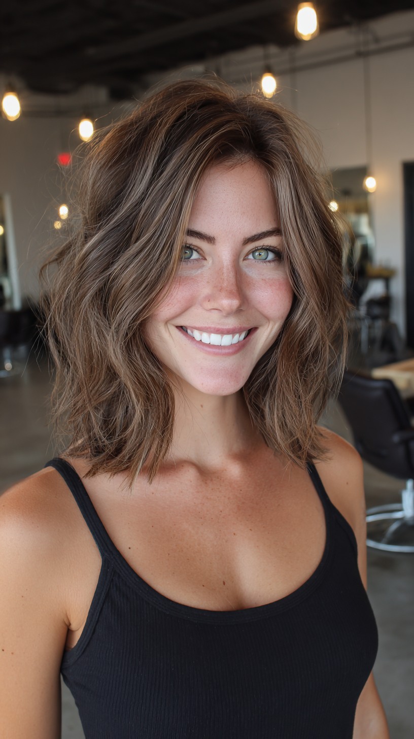 Feathered Collarbone-Length Lob with Sunlit Face-Framing