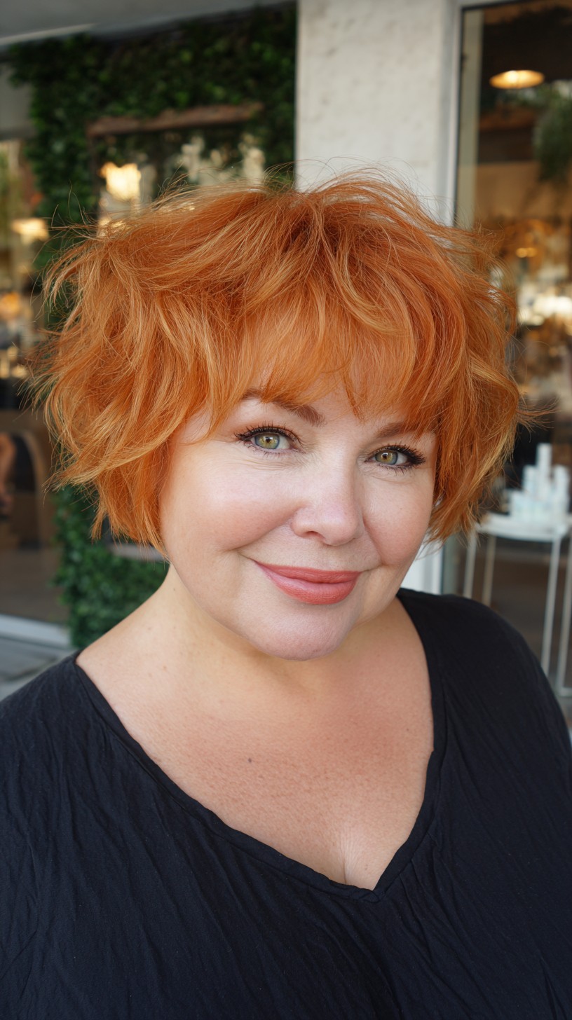 Feathered Ginger Chin-Length Shag with Soft Micro-Bang