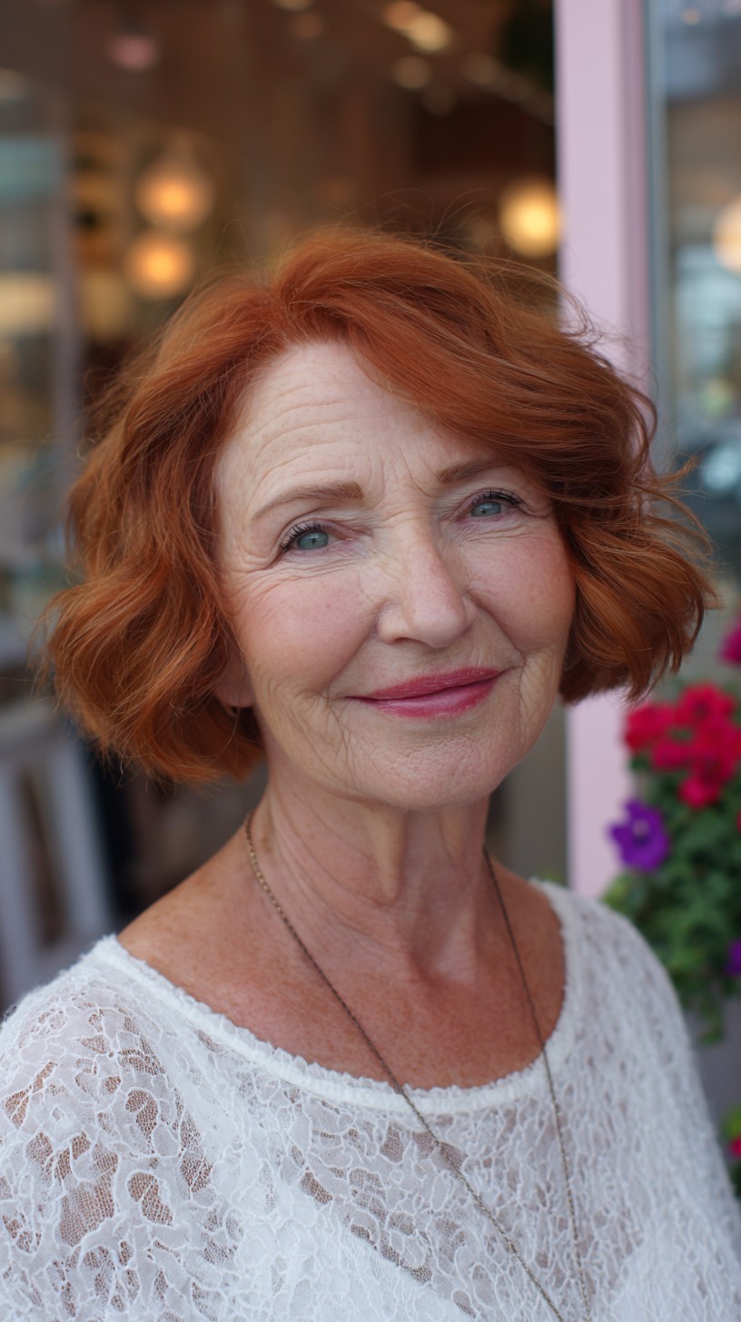 Glossy Copper Chin-Length Wave with Soft Face-Framing Layers