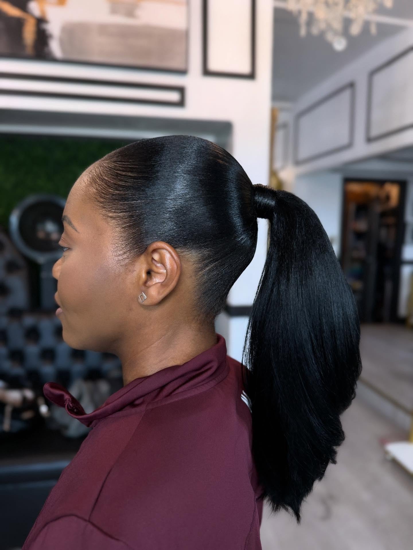 Glossy Wrapped Mid-High Ponytail with Rounded Blunt Tail