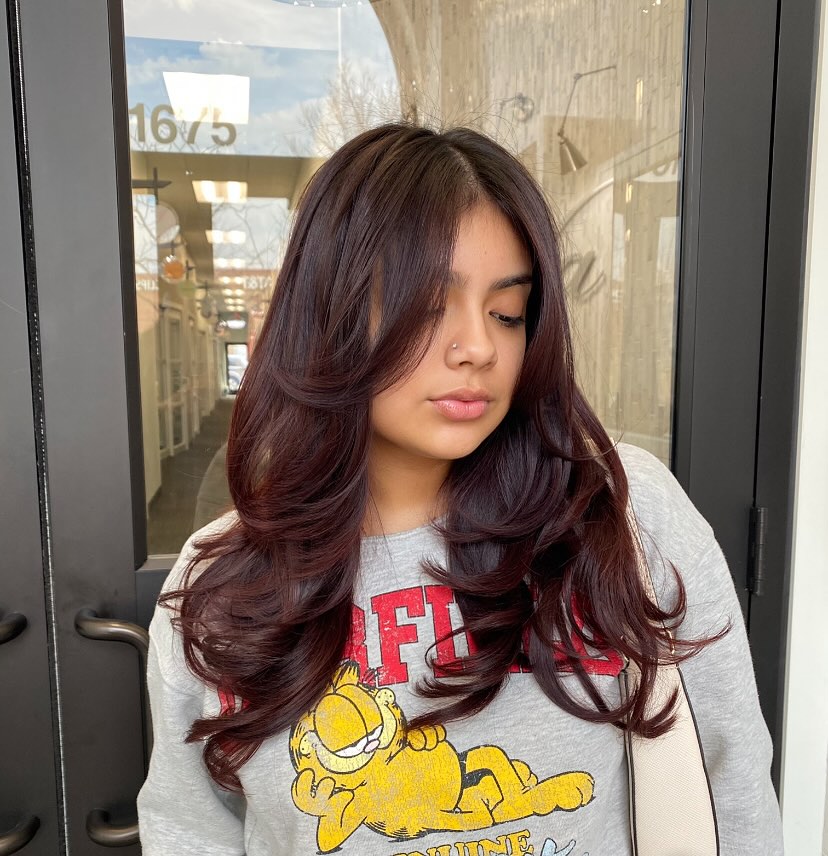 Long Espresso-Burgundy Feathered Layers