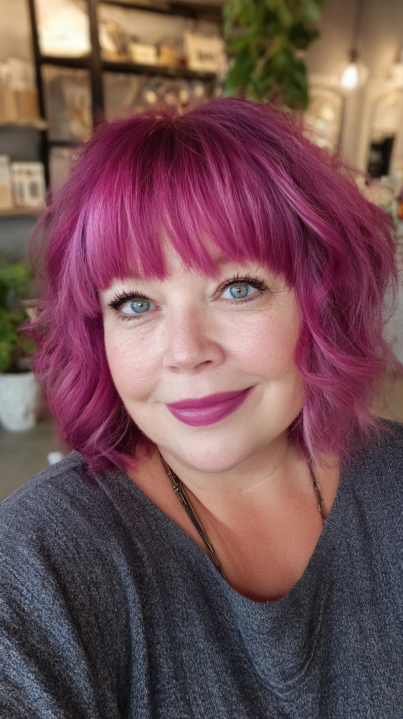 Magenta Chin-Length Shag with Soft Blended Fringe